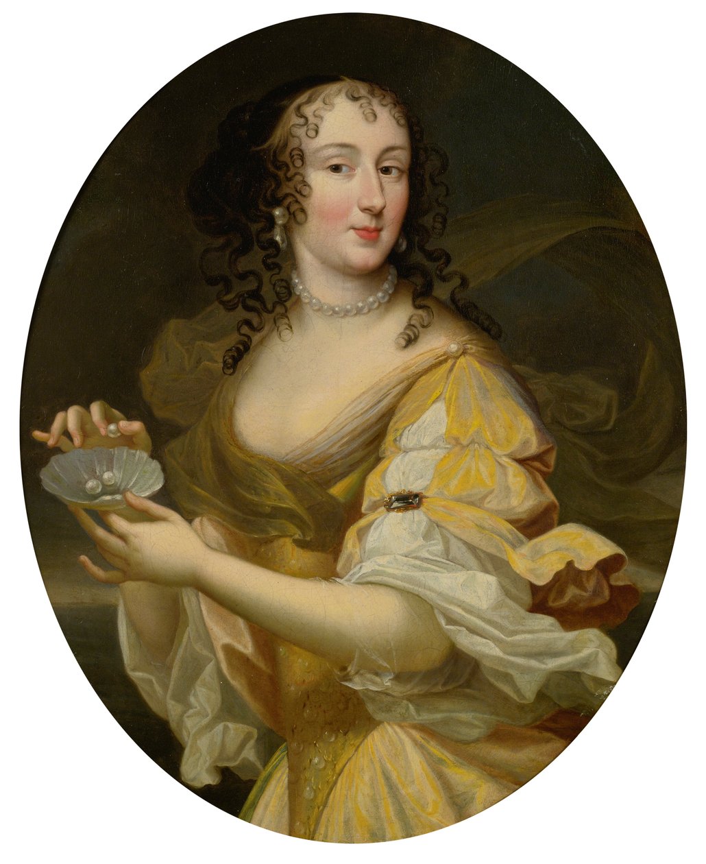 Allegorikus köntösben álló hölgy portréja, kezében egy gyöngytál. alkotó: Pierre Mignard