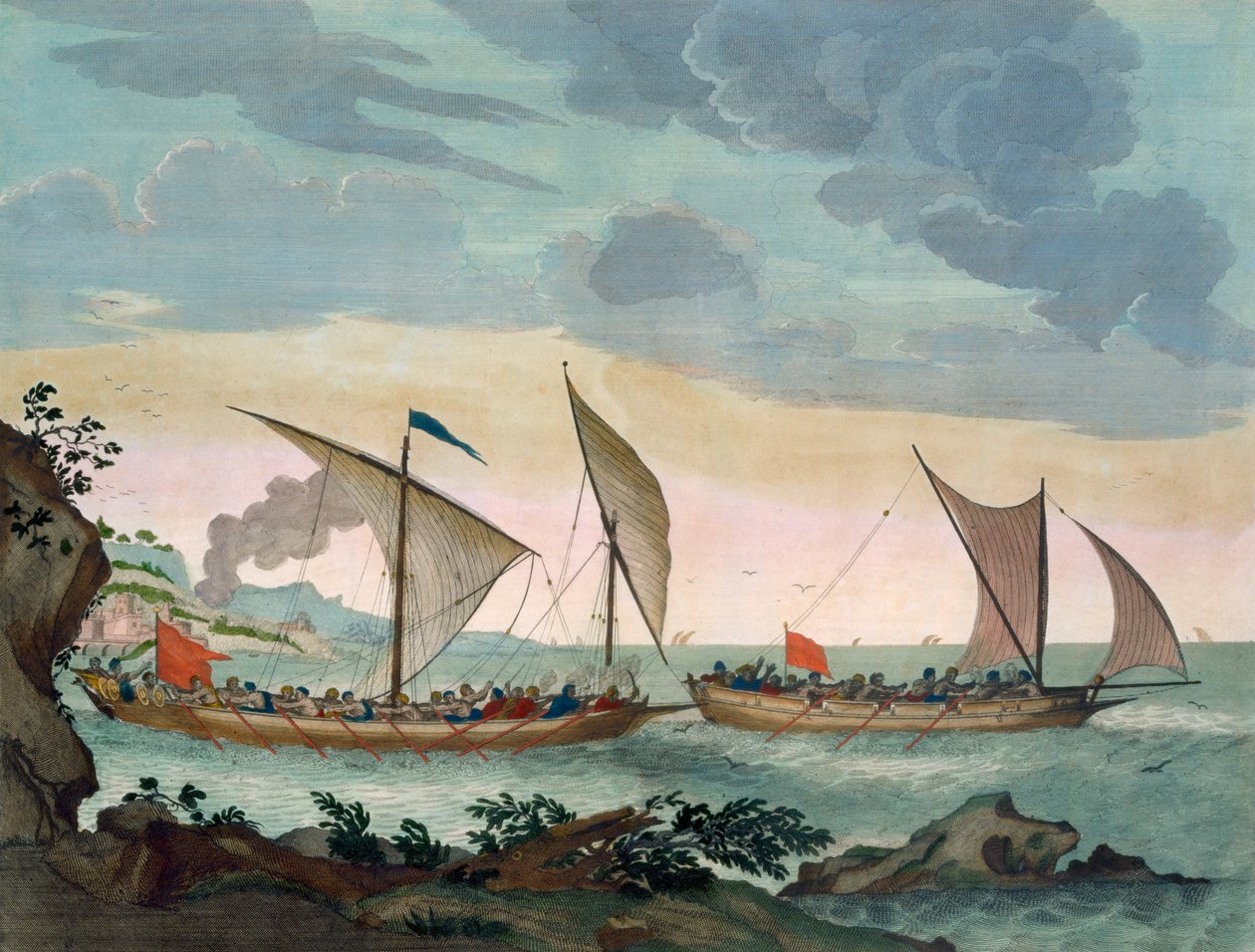 Egy brigantin üldözőbe vesz egy Feluccát, és éppen a fedélzetre készül, a "Le Naptune Francois"-ból, 1693-1700 körül (kézzel színezett metszet). alkotó: Pierre Mortier
