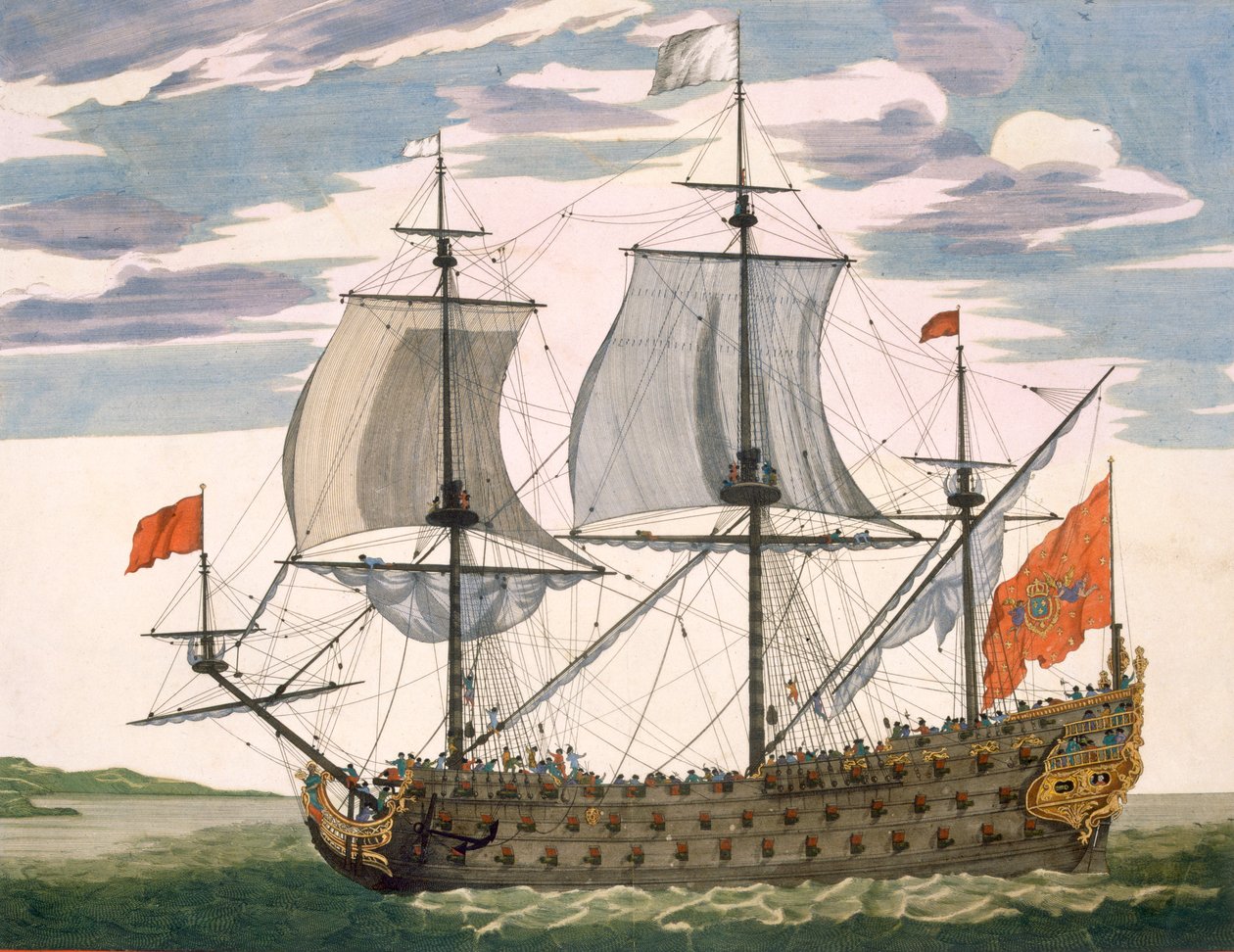 Brit haditengerészet: első osztályú hajó, amely a White Ensign-t repül; háromszintes admirális kabinnal, 