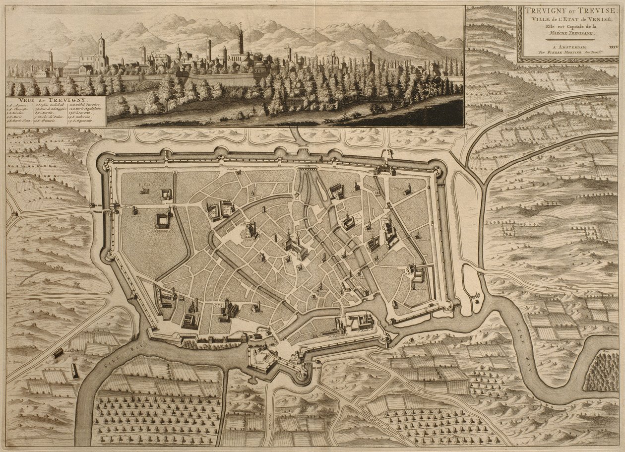 Treviso térképe, a Pierre Mortier által Amszterdamban kiadott "Les Villes de Venetie" című 1704-es könyvből. alkotó: Pierre Mortier