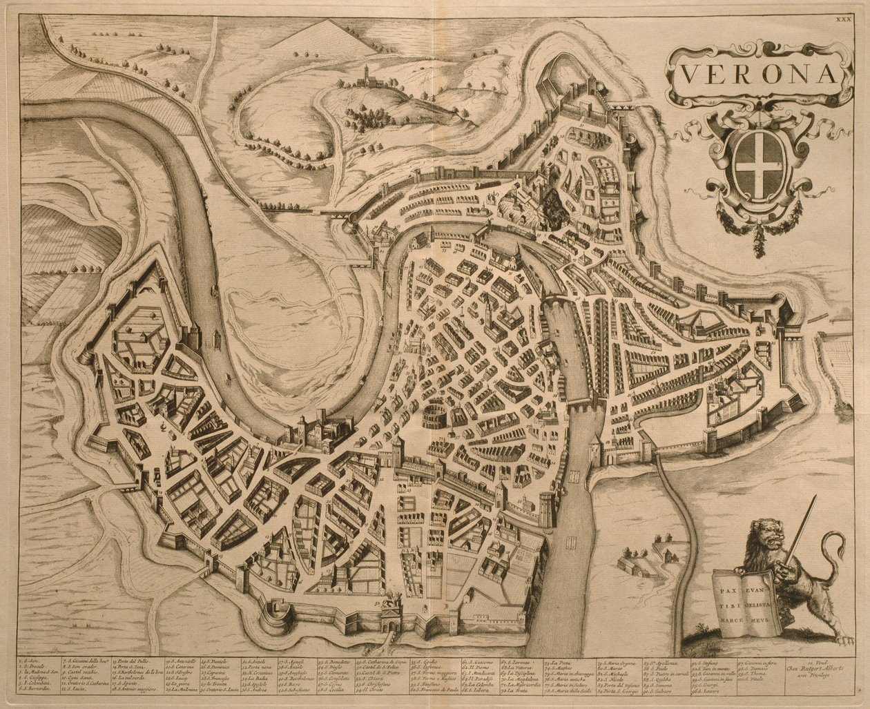 Verona térképe, a Pierre Mortier által Amszterdamban kiadott "Les Villes de Venetie" című 1704-es könyvből. alkotó: Pierre Mortier