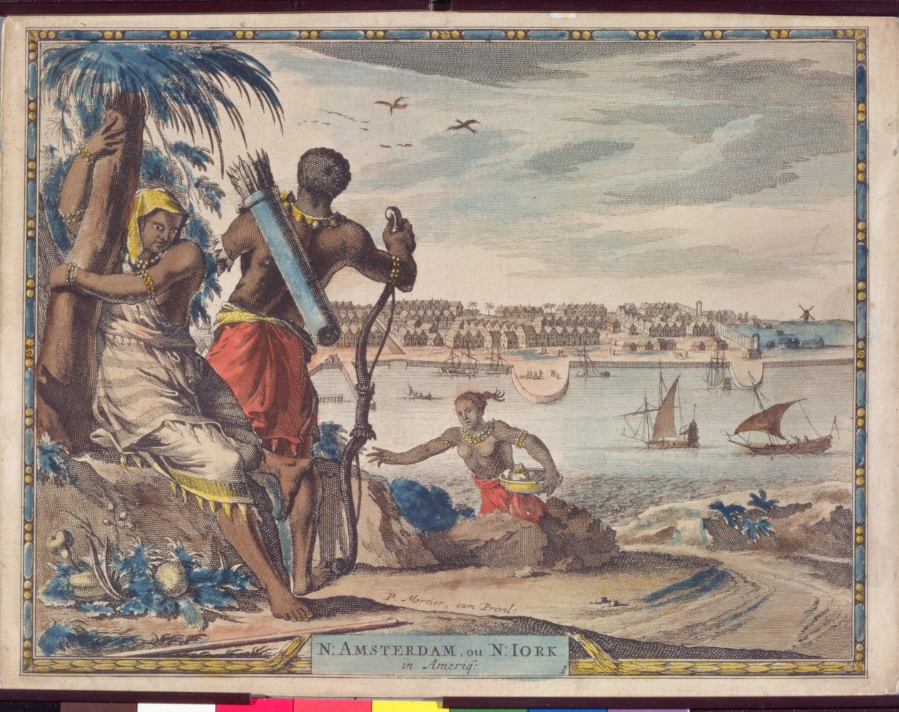 New Amsterdam vagy New York Amerikában, 1700 körül (barna tinta mosás papíron) alkotó: Pierre Mortier