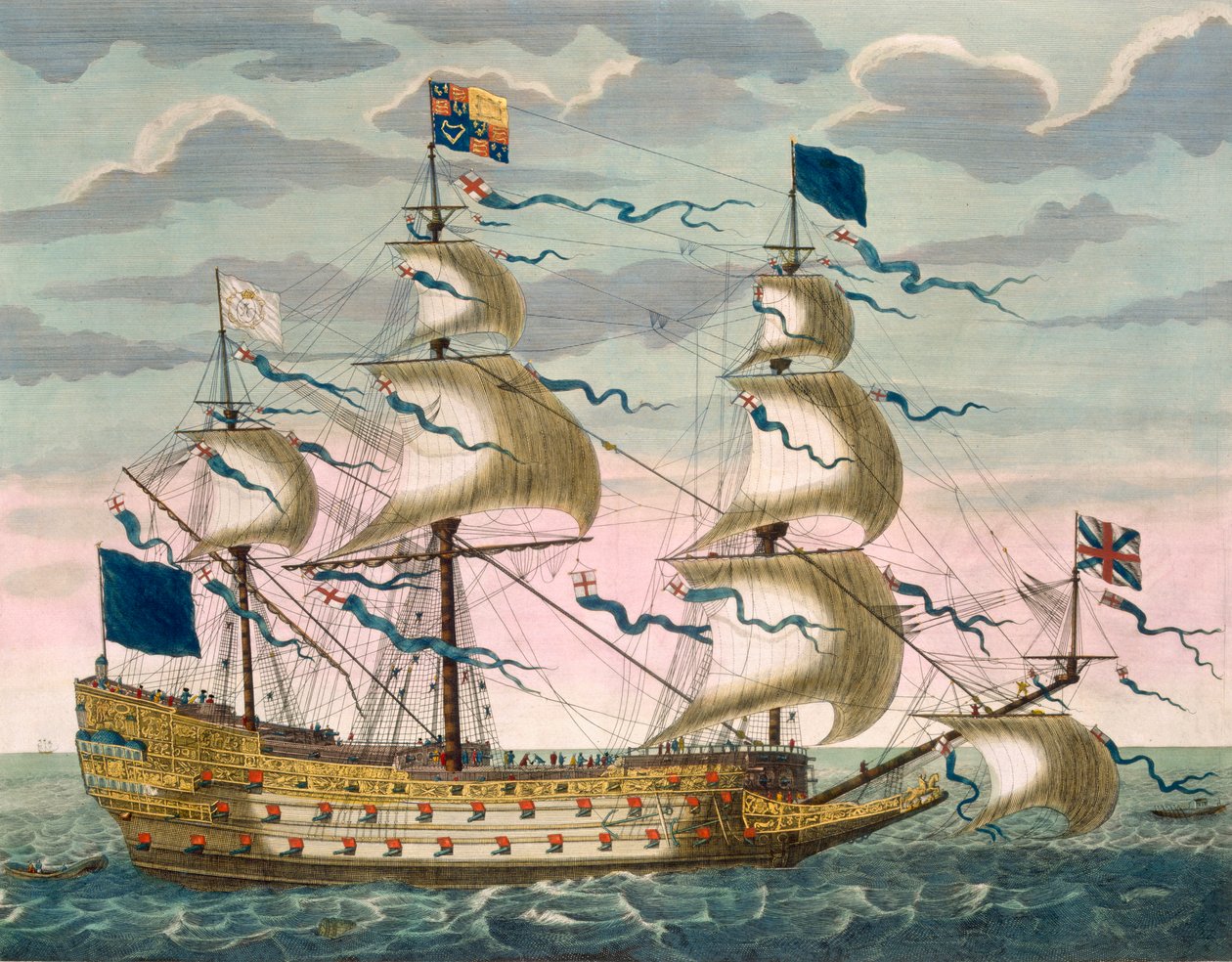Az angol flotta Royal (zászlóshajója), a királyi zászlóval, a "Le Naptune Francois"-ból, 1693-1700 körül (kézzel színezett metszet). alkotó: Pierre Mortier