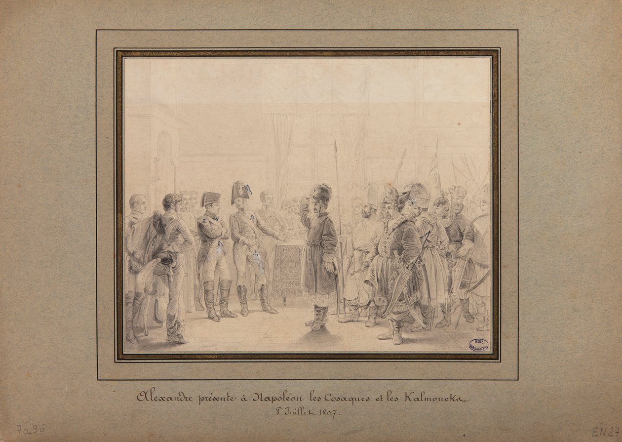 I. Sándor bemutatja az orosz hadsereg kozákjait és kalmüköket I. Napóleonnak, Tilsitben, 1807. július 8. alkotó: Pierre Nolasque Bergeret