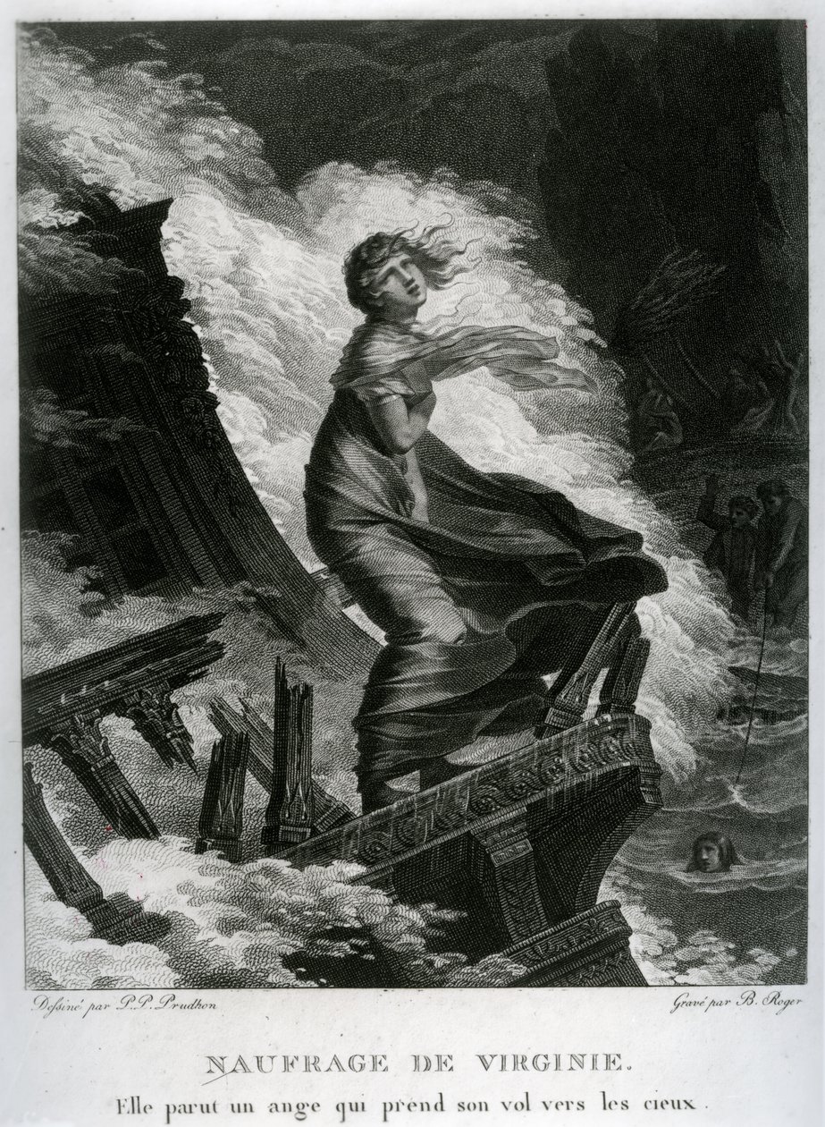 Virginie hajóroncs, Bernardin de Saint-Pierre (1737-1814) illusztrációja a „Paul et Virginie”-hez, Barthelemy Roger (1767-1841) metszetével alkotó: Pierre Paul Prudhon