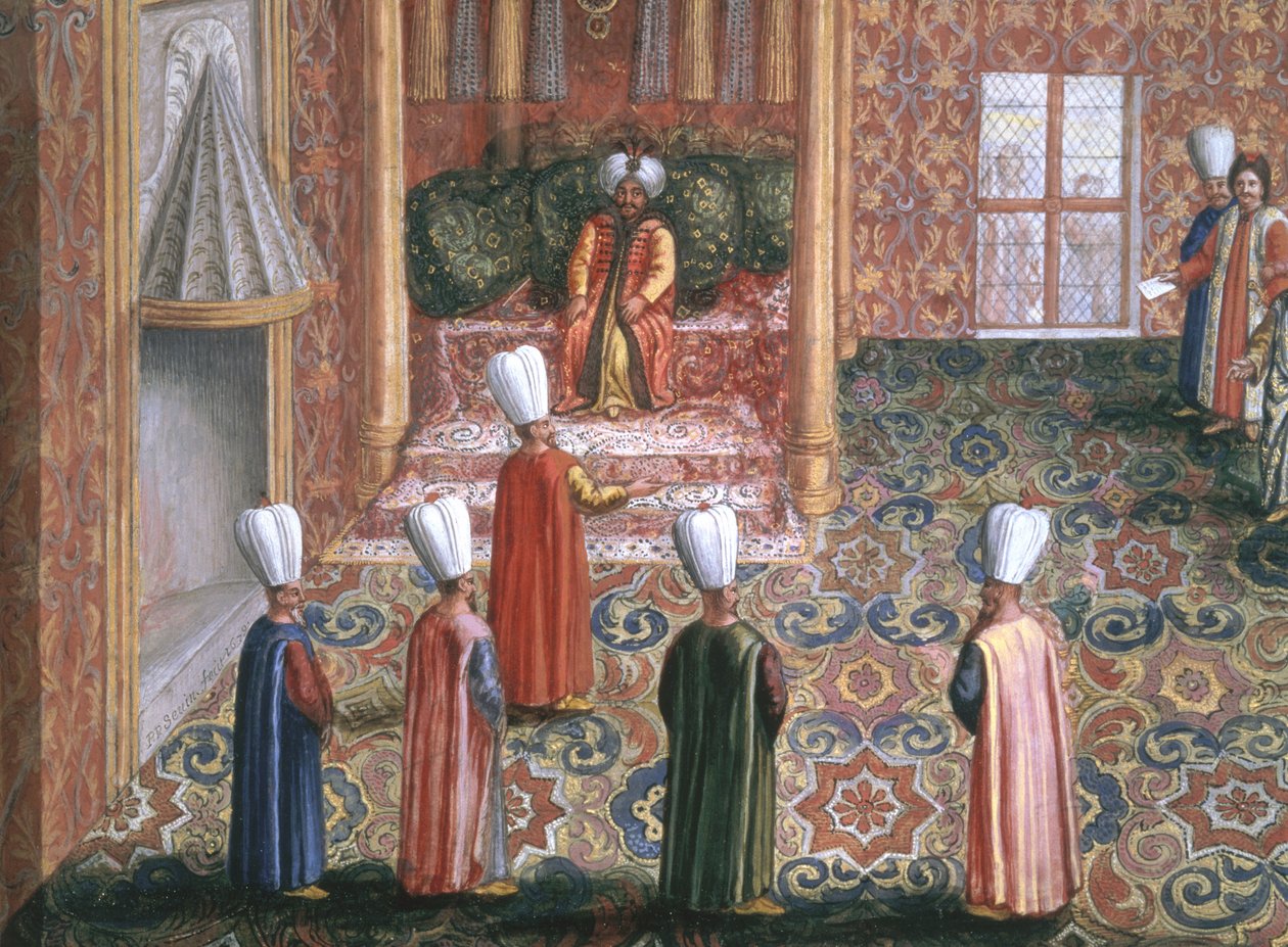Jan Gninski isztambuli diplomáciai missziója, a lengyel követ hallgatósága Machmed szultánnál, 1679 (guache, aranylevél a papíron) alkotó: Pierre Paul Sevin