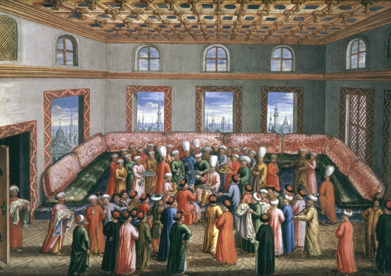 Jan Gninski isztambuli diplomáciai missziója, a lengyel követ búcsúi fogadása, 1679 (guache, aranylevél a papíron) alkotó: Pierre Paul Sevin