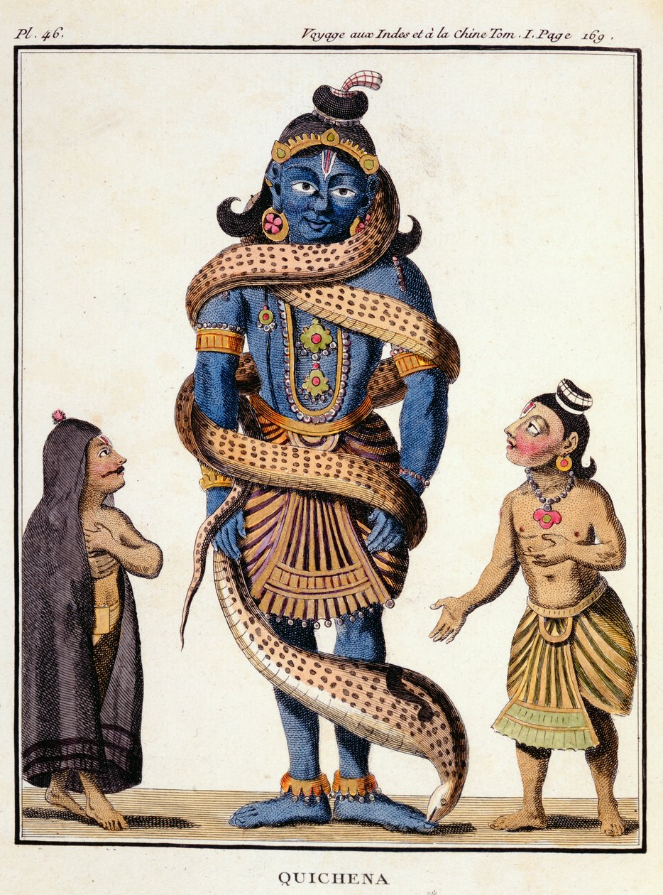 A Kaliya kígyó által megszorított Krisna Pierre Sonnerat „Voyage aux Indes et a la Chine” című művéből, Poisson metszetében, 1782-ben megjelent alkotó: Pierre Sonnerat