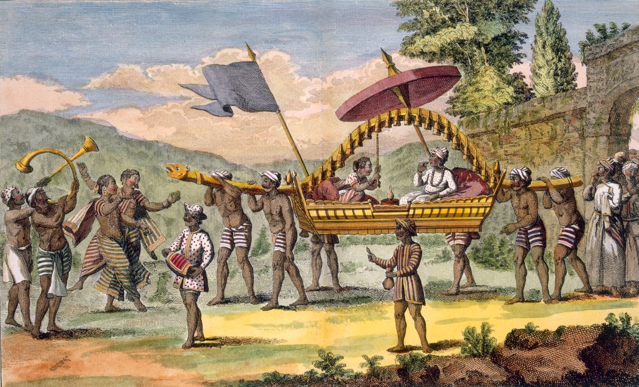 Egy új házaspárt egy sétányra visznek egy palánkba, zenészekkel, illusztráció a „Voyage aux Indes et a la Chine” című kötetből, vésette Poisson, 1782 (színes metszet) alkotó: Pierre Sonnerat