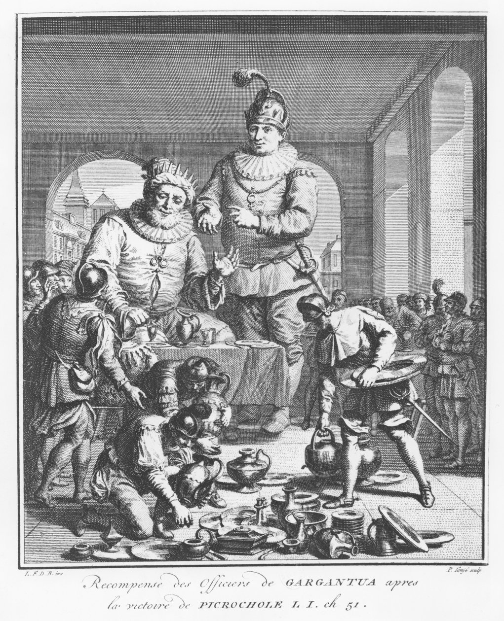 Gargantua tisztek jutalmazása Picrochole győzelme után, illusztráció a „Gargantua és Pantagruel élete” című művéből, François Rabelais alkotó: Pierre Tanje
