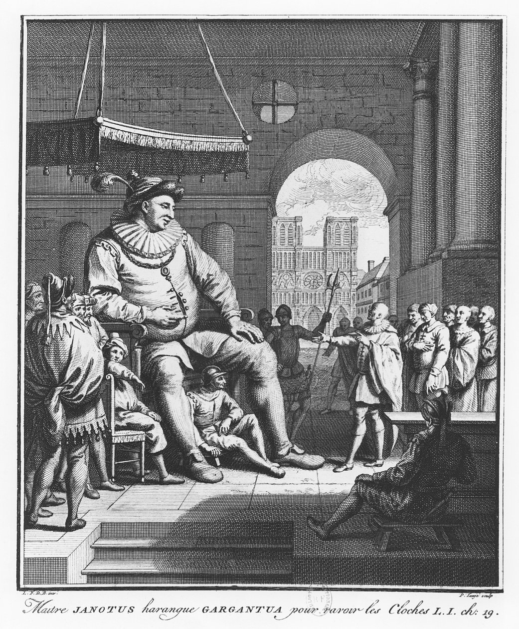 Janotus mester felkéri Gargantuát, hogy adja vissza a harangokat, illusztrációja François Rabelais „Gargantua és Pantagruel élete” című könyvéből. alkotó: Pierre Tanje
