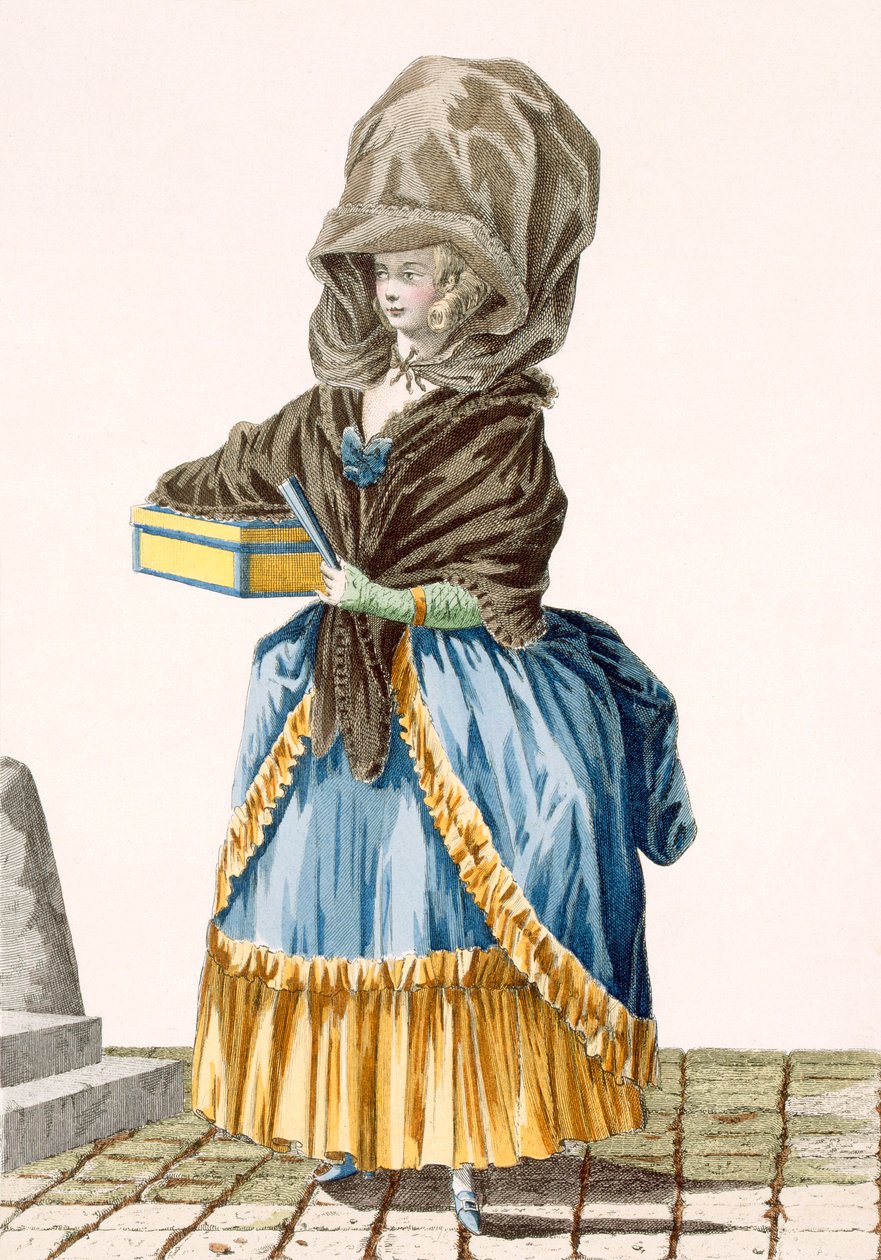 Egy piaci hölgy árulja az áruit, Dupin gravírozása, 5. tábla a „Galeries des Modes et Costumes Francais”-ból, 1778-87 99: ruházat; tradicionális öltözet; népviselet; divat alkotó: Pierre Thomas Le Clerc