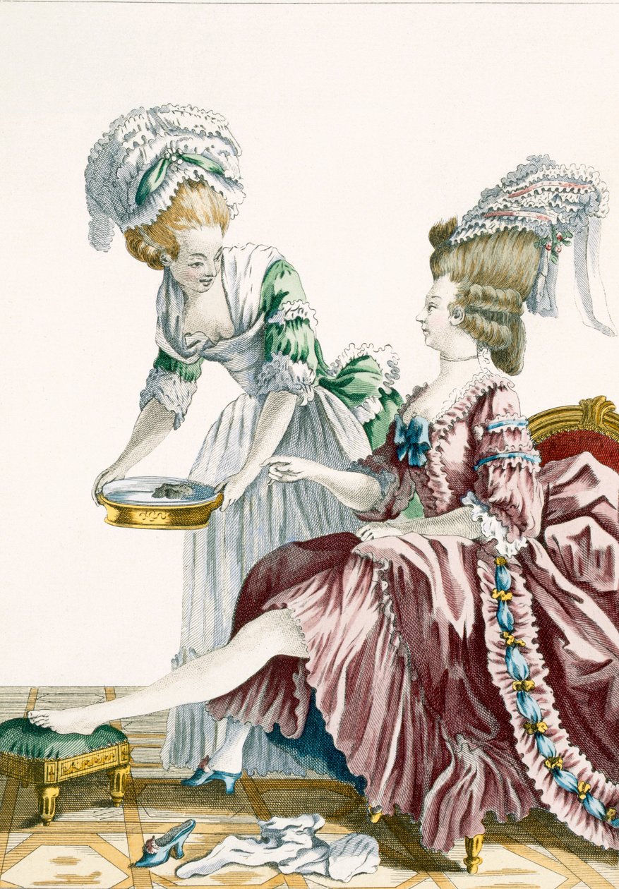 Lábát mosó elegáns nő, a Galerie des Modes et Costumes Francais 32. táblája, Dupin metszet, 1778 alkotó: Pierre Thomas Le Clerc