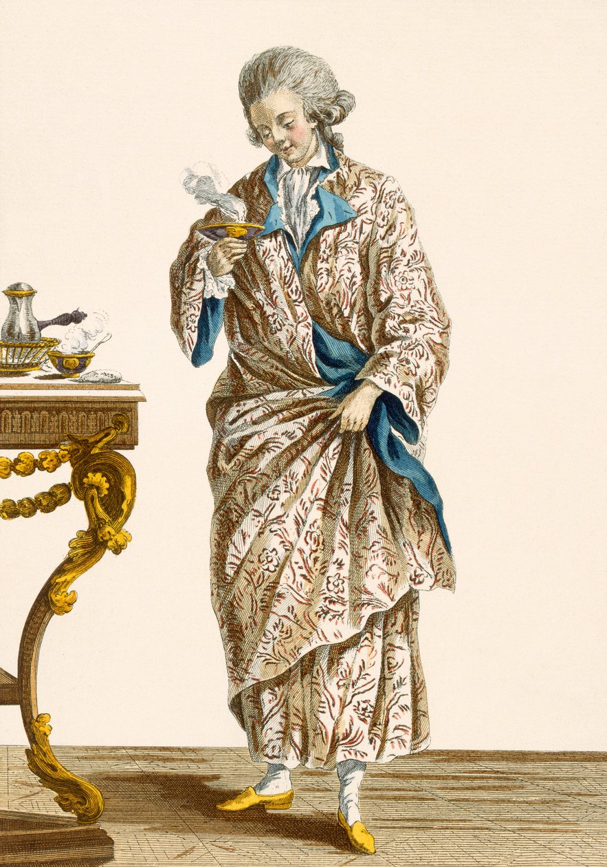 Nyomott pamut pongyola, Patas gravírozása, 140. számú tábla a „Galeries des Modes et Costumes Francais”-tól, 1778-87 körül alkotó: Pierre Thomas Le Clerc