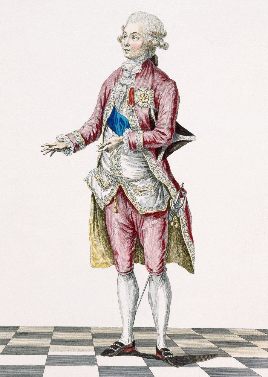 Herceg királyi rendekkel díszített vidéki viseletben, Dupin metszetében, a „Galeries des Modes et Costumes Francais” táblája, 1778-87, 1760 alkotó: Pierre Thomas Le Clerc