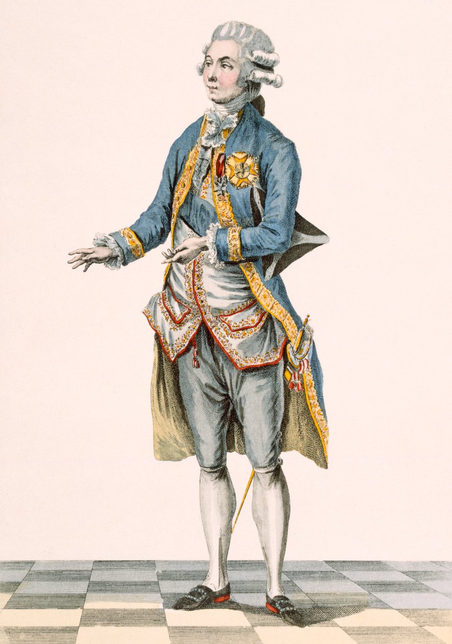 Herceg az udvarban látható ünnepi öltözékében, Dupin metszetében, a „Galeries des Modes et Costumes Francais” táblája, 1778-87 körül alkotó: Pierre Thomas Le Clerc