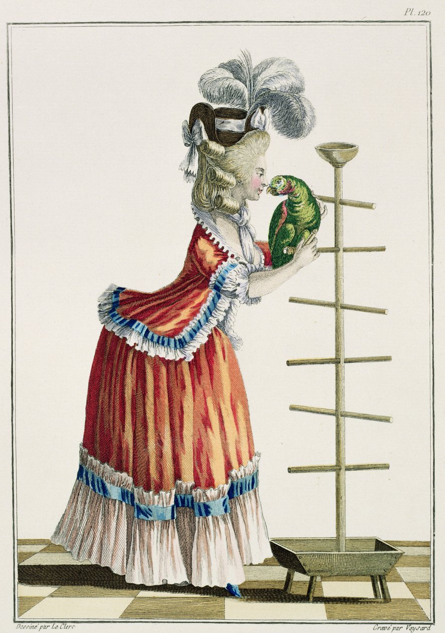 Elegáns nő Caraco „a la Poloneise” és „a la Devonshire” kalapban, a „Galerie des Modes et Costumes Francais” 120-as táblája, metszett Etienne Claude Voysard (1746-1816) 1778 alkotó: Pierre Thomas Le Clerc