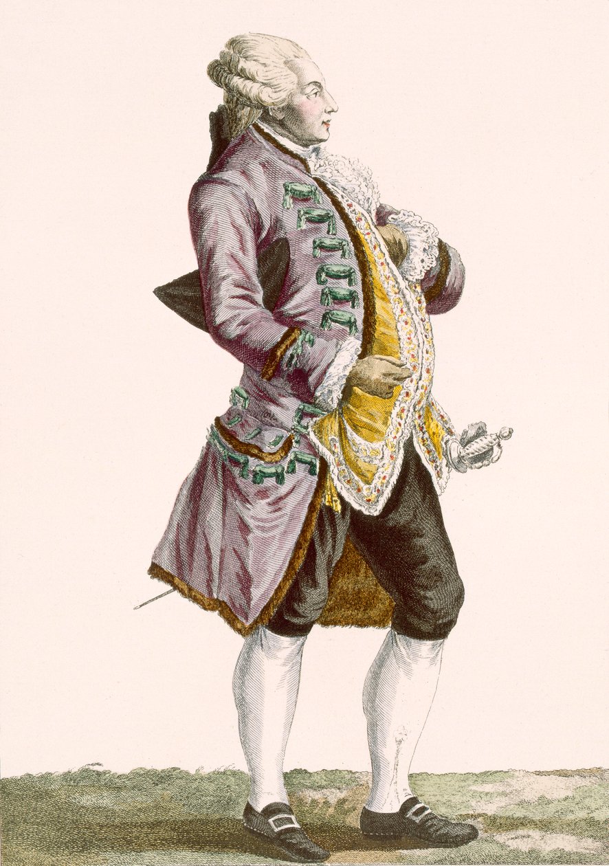 Gentleman culottes és farkú kabátban, Dupin gravírozása, 71-es tábla a „Galeries des Modes et Costumes Francais”-ból, 1789 alkotó: Pierre Thomas Le Clerc