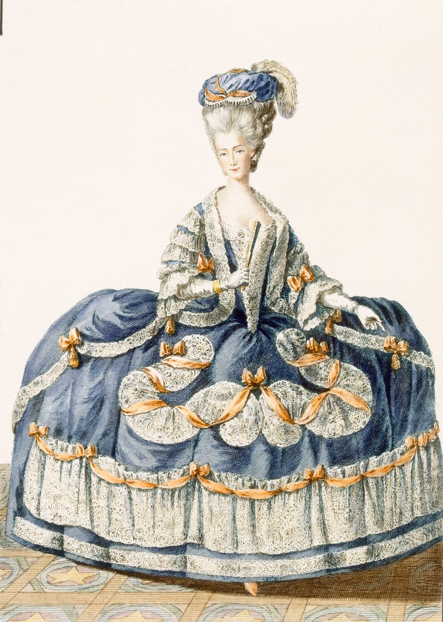 A királyi udvar nagy báli ruhája, Le Roy gravírozásával, a „Galeries des Modes et Costumes Francais” táblája, 1778-87 99: ruházat; tradicionális öltözet; népviselet; divat alkotó: Pierre Thomas Le Clerc