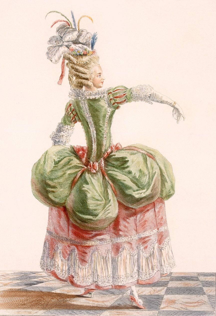 Női estélyi ruha, Dupin metszetével, a „Galeries des Modes et Costumes Francais” táblája, 1778-87 99: ruházat; tradicionális öltözet; népviselet; divat; ábra; alkotó: Pierre Thomas Le Clerc