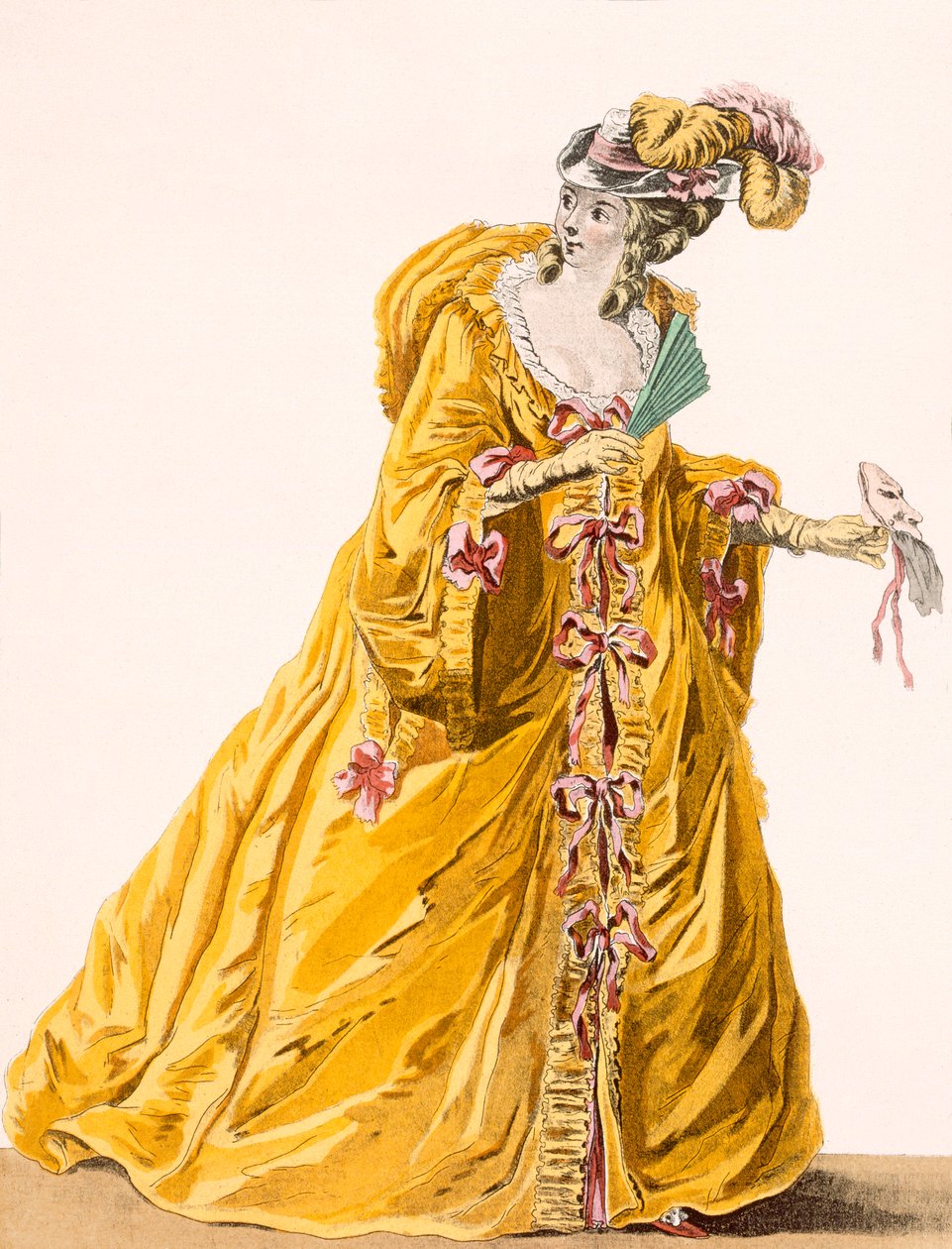 Hölgy „Grand Domino” ruhában, amelyet „Bal Matique”-hoz kell viselni, Janninet metszet, 170-es tábla a „Galeries des Modes et Costumes Francais”-ból, 1778-87 99:ruházat; hagyományos ruhák alkotó: Pierre Thomas Le Clerc