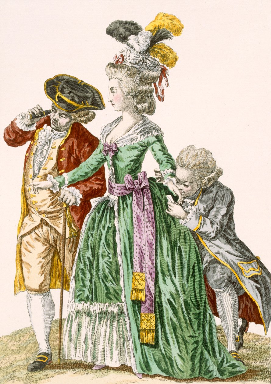 Az udvarhölgye, férfi szolgákkal körülvéve, Petisoier metszetével, 124-es tábla a „Galeries des Modes et Costumes Francais”-ból, 1778-87 99: ruházat; tradicionális öltözet; hagyomány alkotó: Pierre Thomas Le Clerc