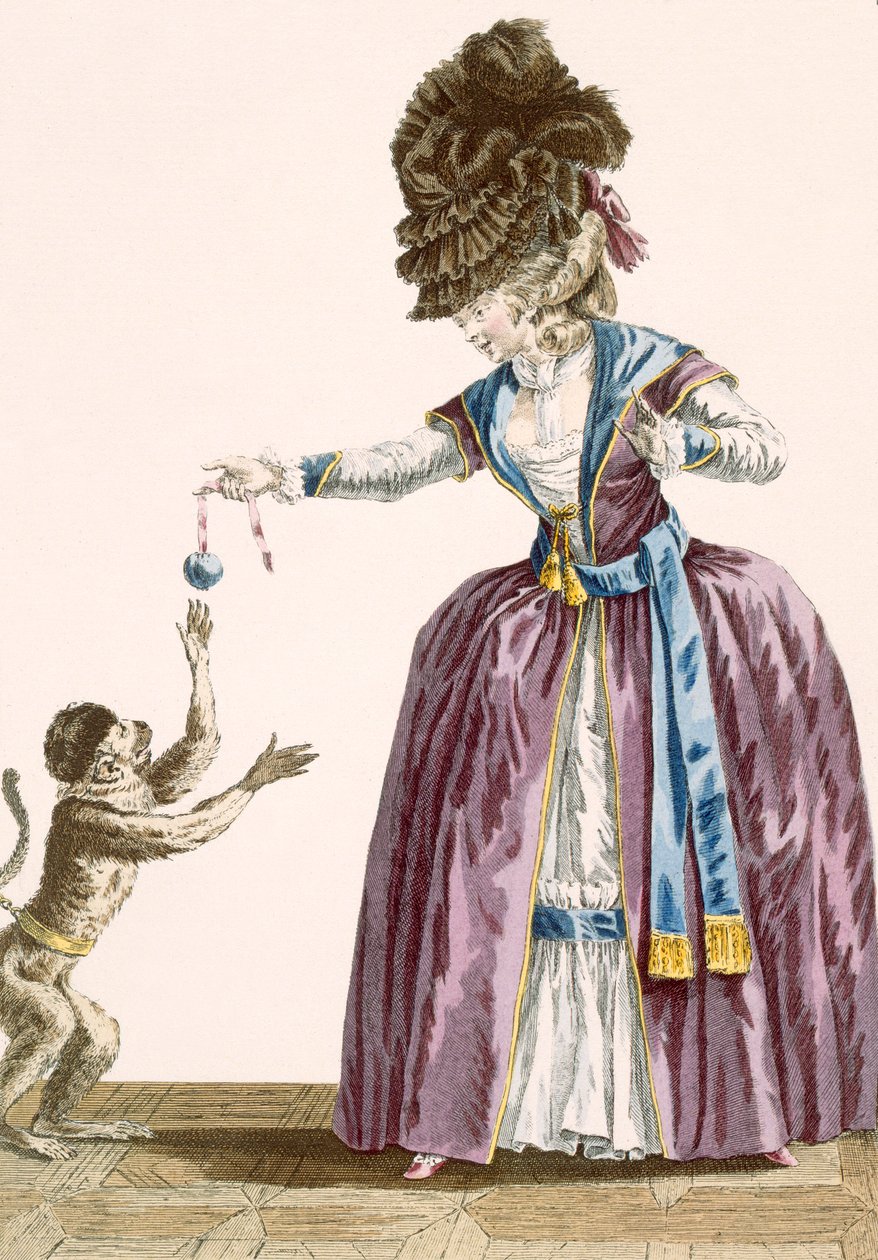 Hölgy majommal játszik, Patas metszete, 119. tábla a „Galeries des Modes et Costumes Francais”-ból, 1778-87 99: ruházat; tradicionális öltözet; népviselet; divat; én alkotó: Pierre Thomas Le Clerc