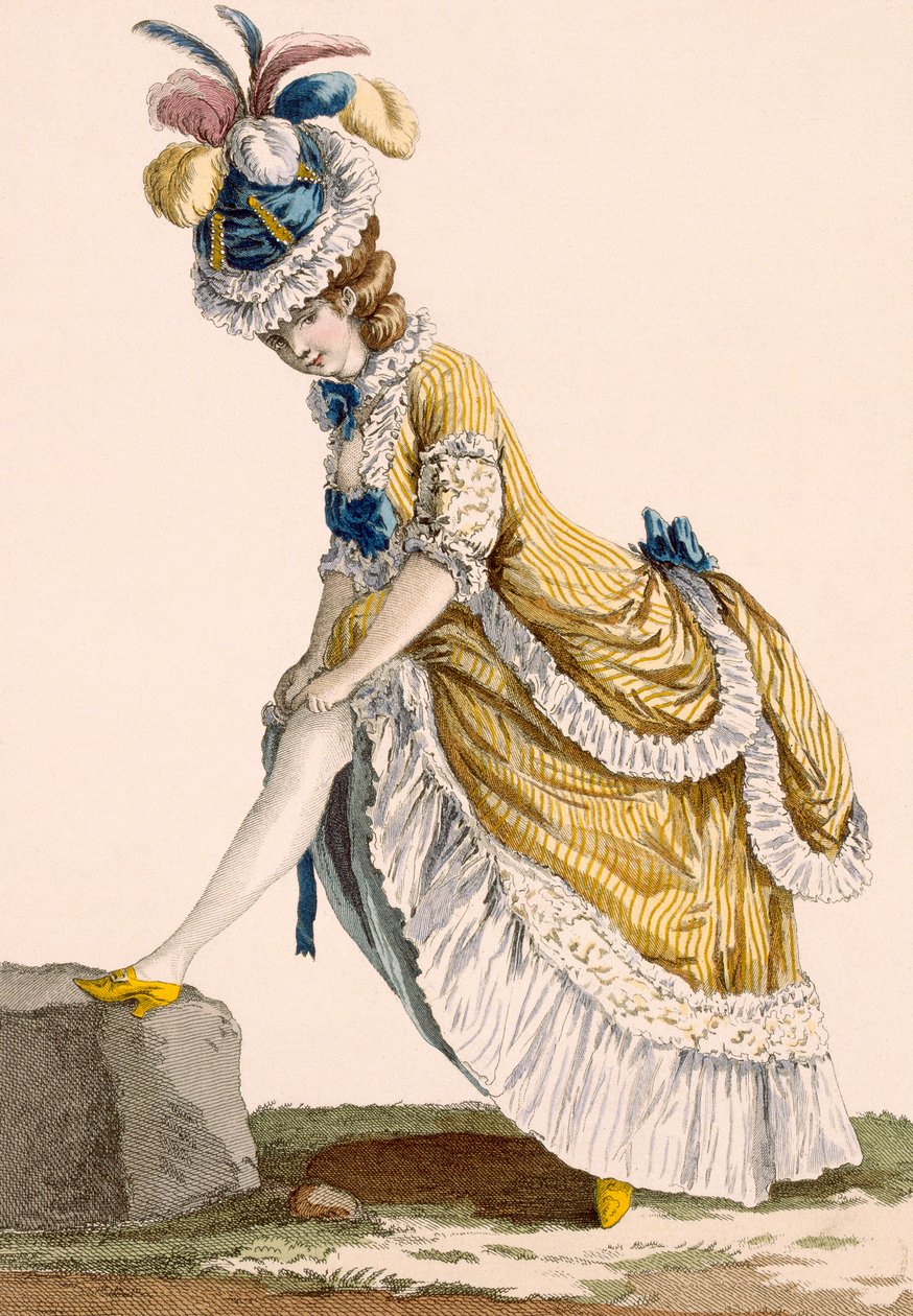 Hölgy felhúzza a harisnyáját, Le Beau metszete, 1. sz. tábla a "Galeries des Modes et Costumes Francais"-ból, 1778-87 körül. alkotó: Pierre Thomas Le Clerc