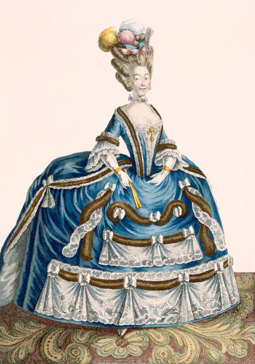 Hölgy kidolgozott udvari ruhája, swagokkal és csipkével díszítve, Voysard gravírozása, 46-os tábla a „Galeries des Modes et Costumes Francais”-ból, 1778-87 99: ruházat; hagyományos dr alkotó: Pierre Thomas Le Clerc