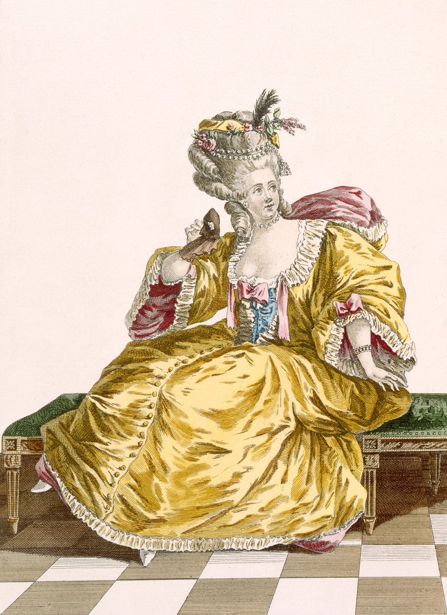 Hölgy arany taft báli ruhája, Patas metszete, 86. sz. tábla a "Galeries des Modes et Costumes Francais"-ból, 1778-87 körül 99:ruházat; hagyományos öltözet; hagyományos viselet; divat; öltözködés; öltözködés, öltözködés, öltözködés, öltözködés, öltözködés,  alkotó: Pierre Thomas Le Clerc