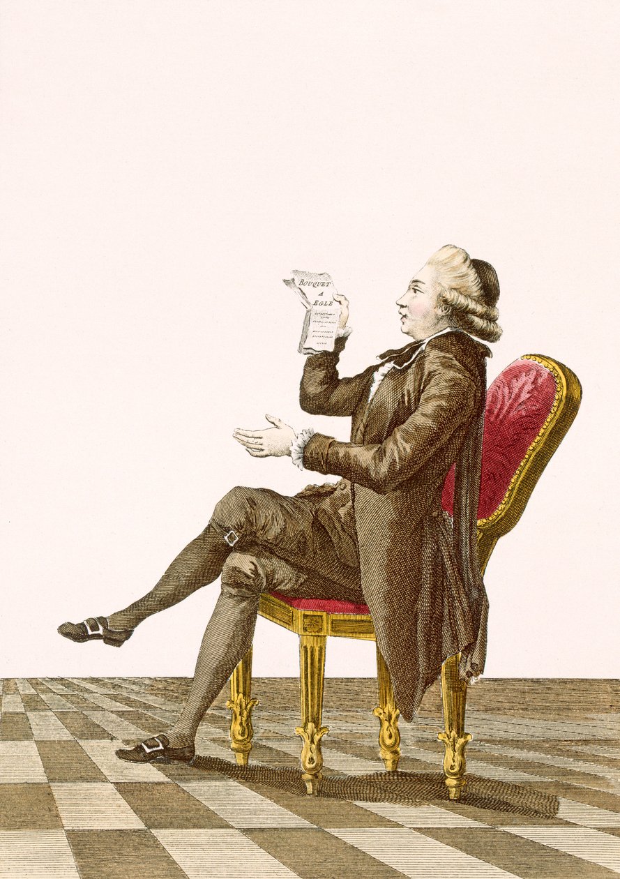 Fiatal úri költő, Dupin metszete, 34-es tábla a „Galeries des Modes et Costumes Francais”-ból, 1778-87 körül alkotó: Pierre Thomas Le Clerc
