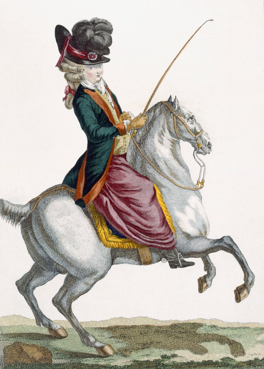Fiatal hölgy lovagol, Voysard metszete, a "Galeries des Modes et Costumes Francais" lemezéről, 1778-87 körül. alkotó: Pierre Thomas Le Clerc