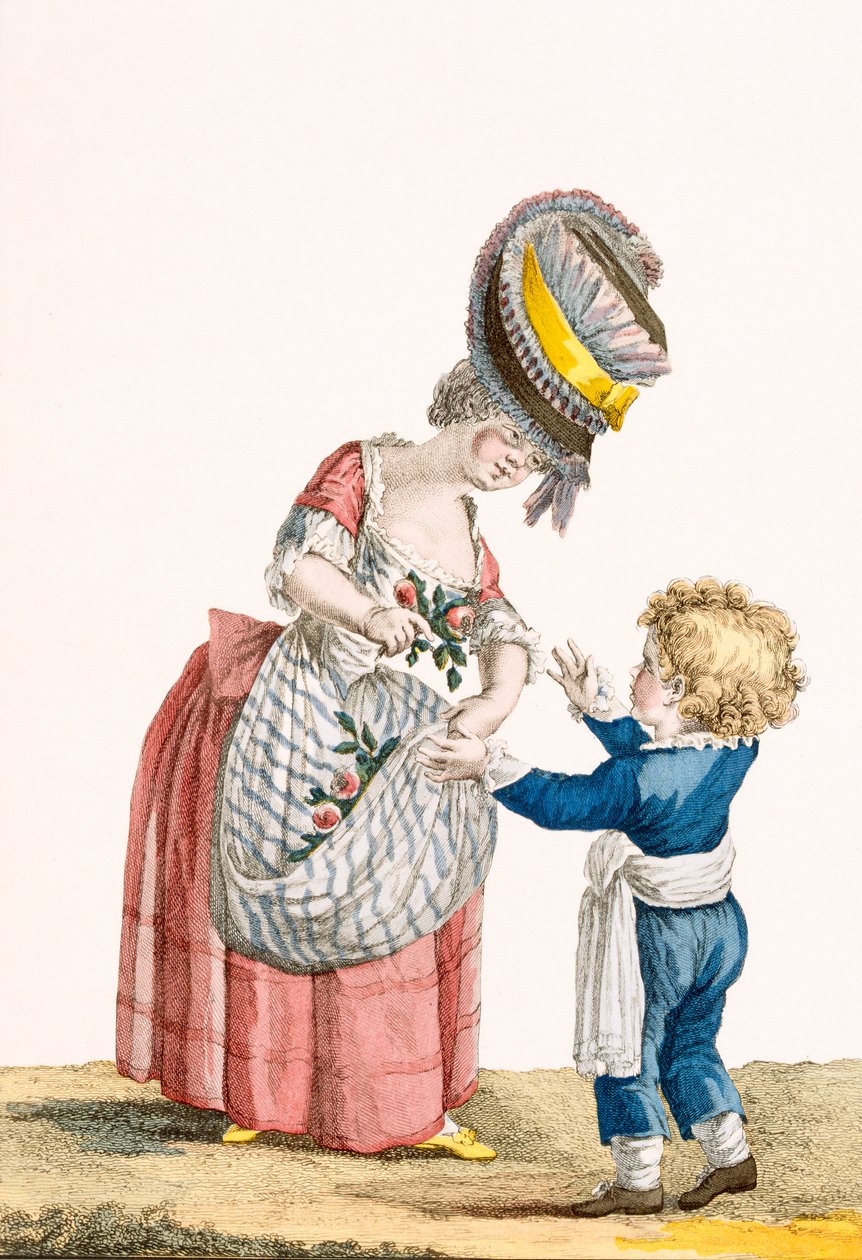 Fiatal parasztlány fiatal fiúval, Dupin metszetével, a „Galeries des Modes et Costumes Francais” táblája, 1778-87 99: ruházat; tradicionális öltözet; népviselet; divat; alkotó: Pierre Thomas Le Clerc