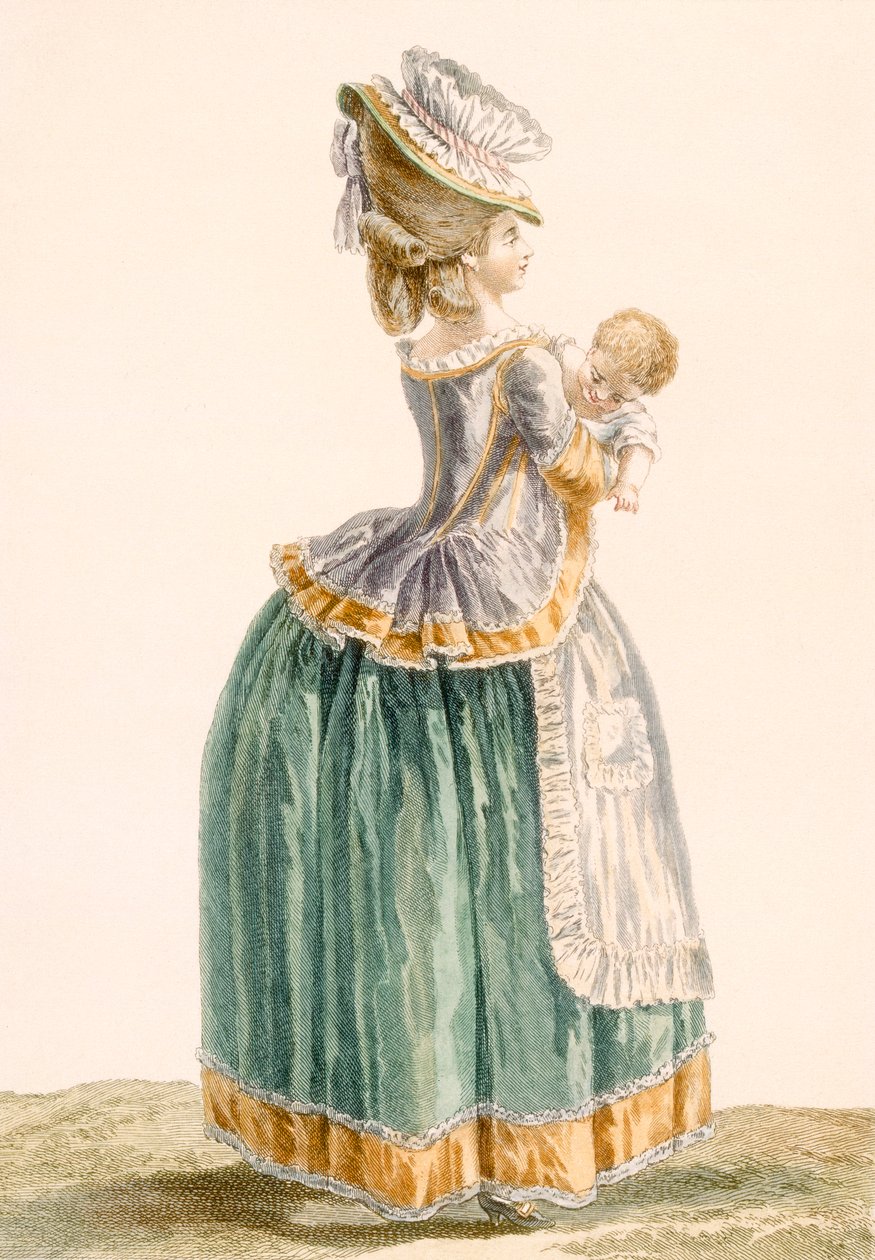 Fiatal vidéki anya és gyermeke, Patas metszete, a "Galeries des Modes et Costumes Francais" lemezéről, 1778-87 körül 99:ruházat; hagyományos öltözet; hagyományos viselet; divat; alkotó: Pierre Thomas Le Clerc