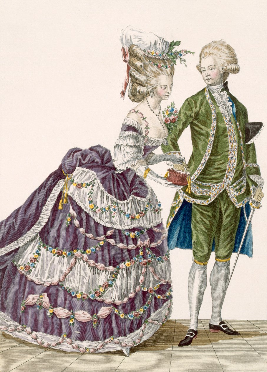 Fiatal nő és férje udvari gálán vesznek részt, 112-es tábla a „Galeries des Modes et Costumes Francais”-ból, 1778-87 99: ruházat; tradicionális öltözet; népviselet; fas alkotó: Pierre Thomas Le Clerc