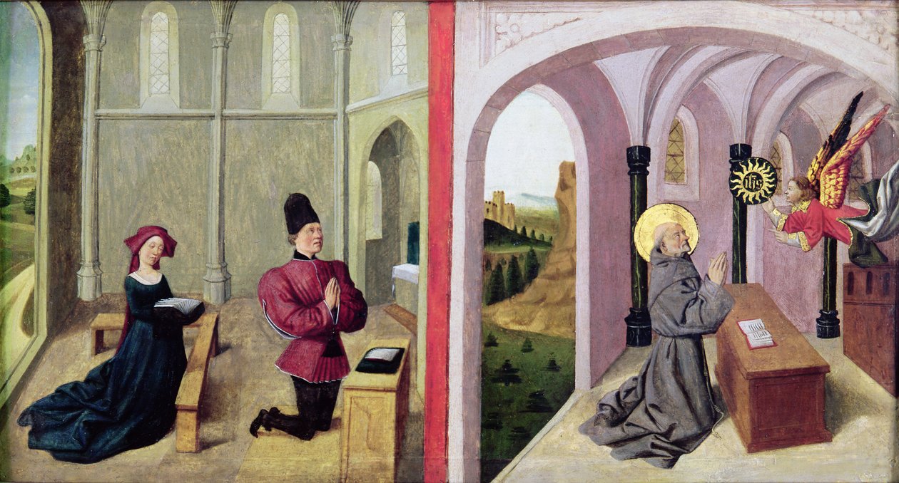 Sienai Szent Bernardin két adományozóval, 1460-70 alkotó: Pierre Villatte