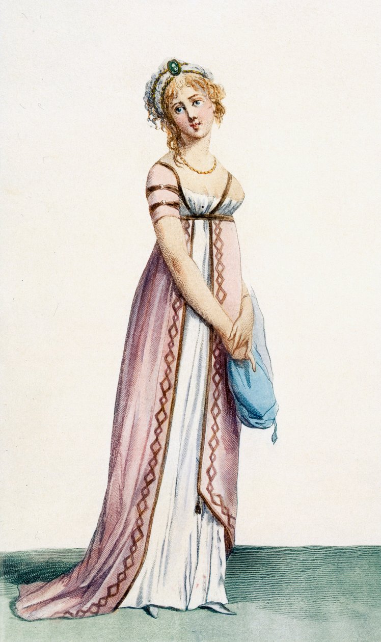 Egyszerűen megtervezett női báli ruha, illusztráció a "Journal des Dames et des Modes" című folyóiratból, 1799. alkotó: Pierre de La Mesangere