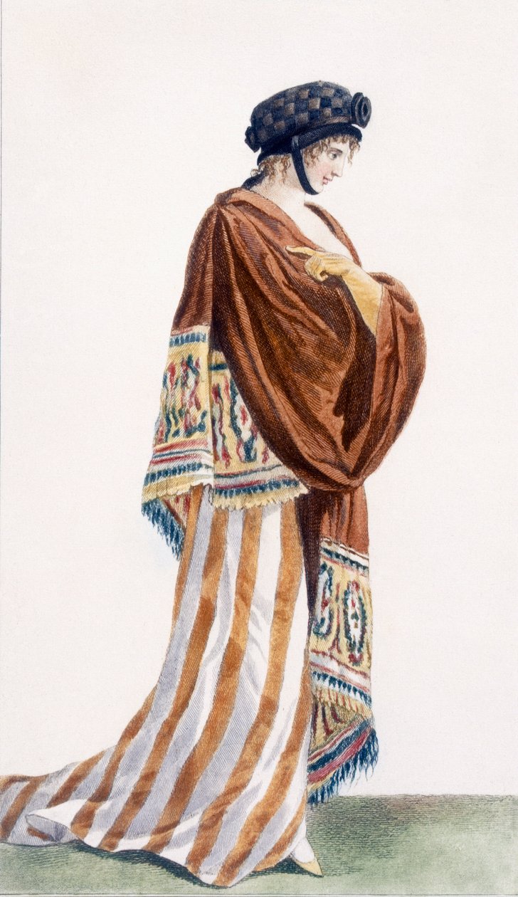 Női ruha bársonykendővel, illusztráció a „Journal des Dames et des Modes” című folyóiratból, 1799 alkotó: Pierre de La Mesangere