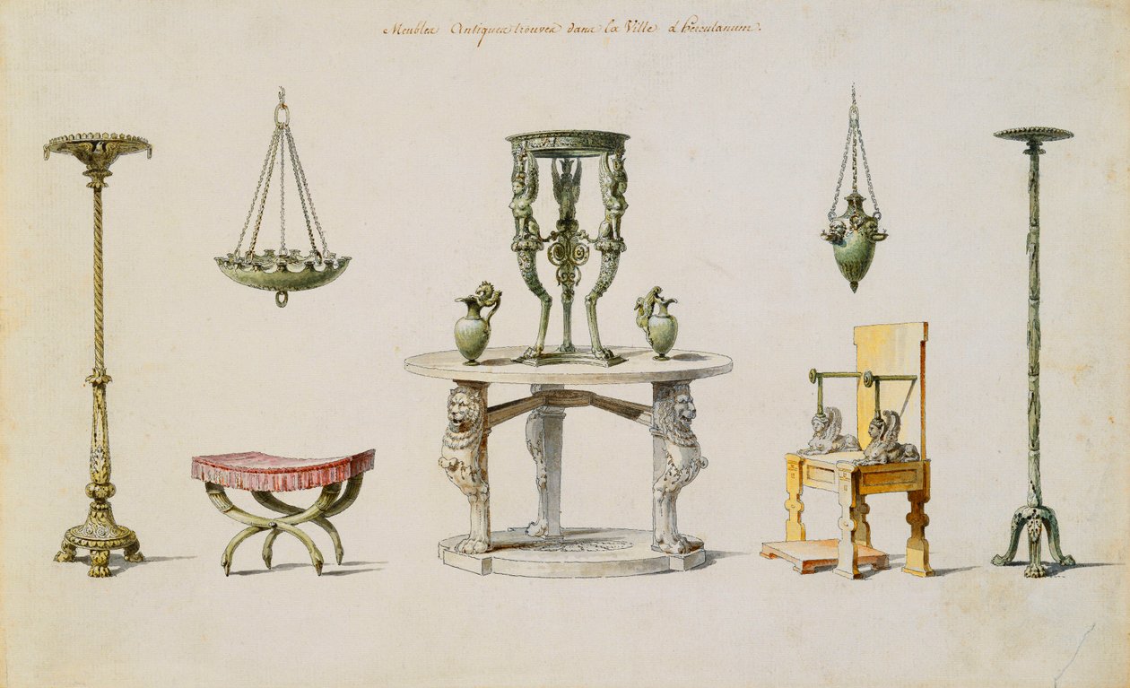 Különféle vázák, bútorok, oltárok és állványok a Herculaneumban (toll, tinta és w/c papíron) alkotó: Pierre Adrien Paris