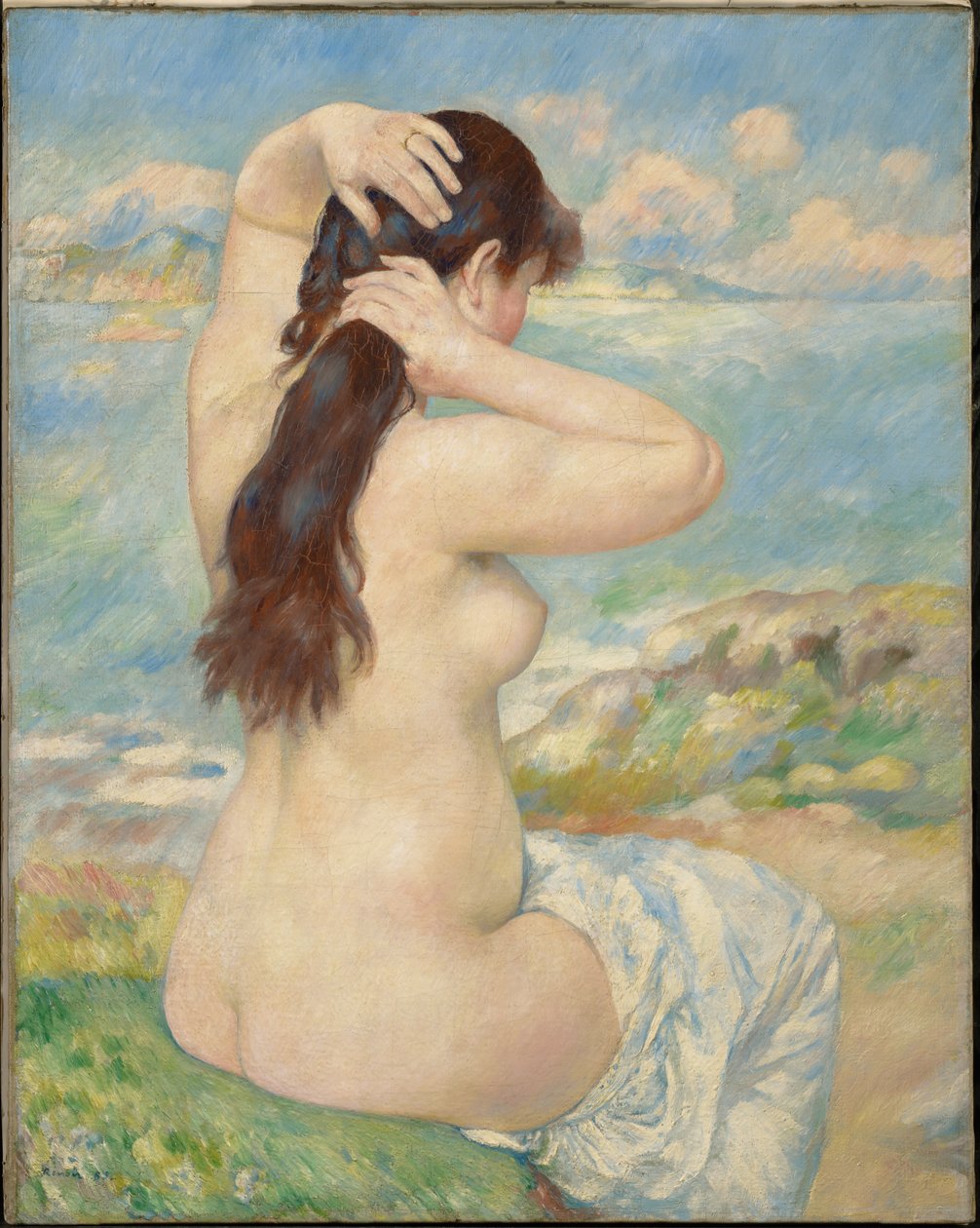 Fürdőző nő, aki a haját igazítja alkotó: Pierre-Auguste Renoir