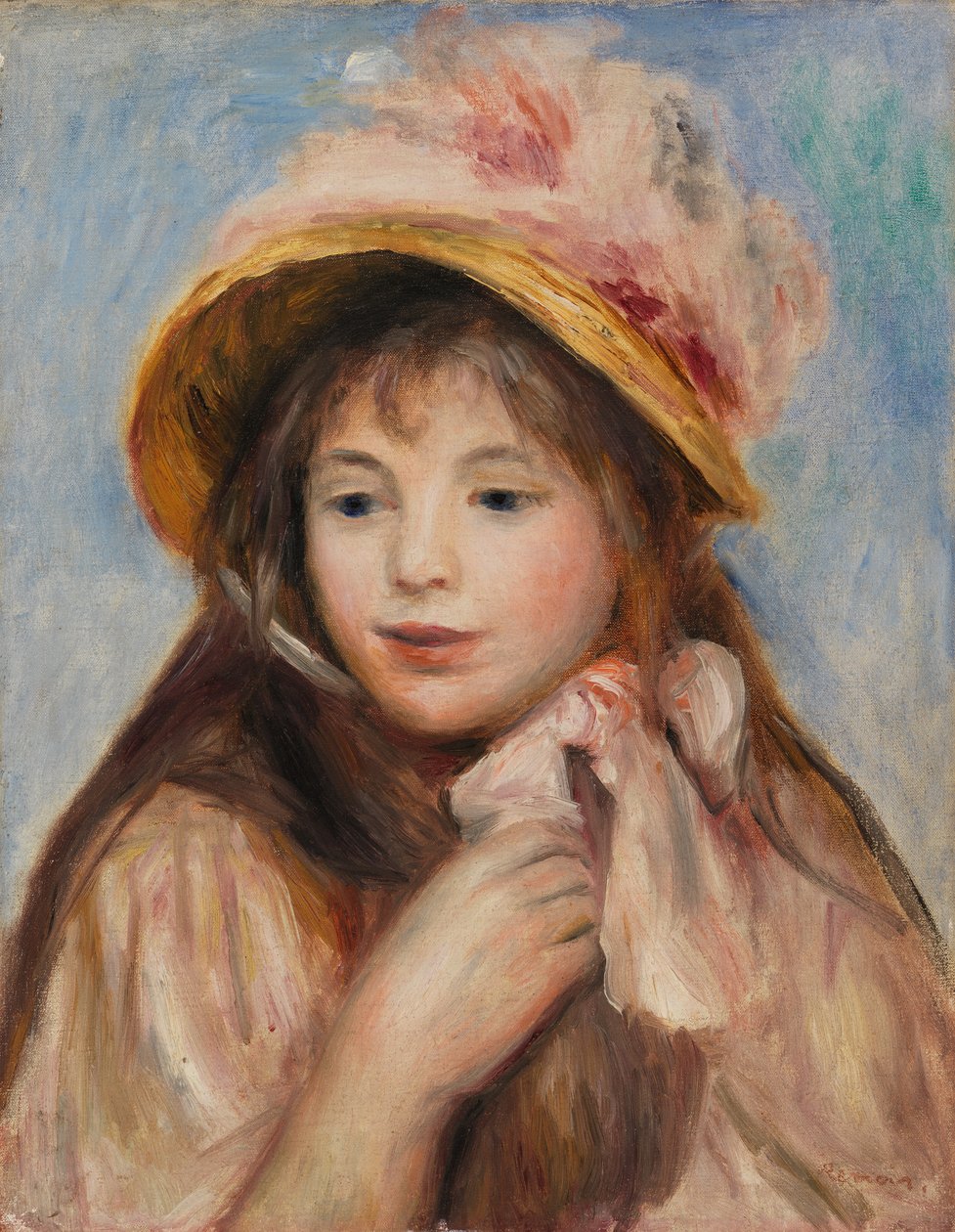 Lány rózsaszín motorháztetővel alkotó: Pierre-Auguste Renoir