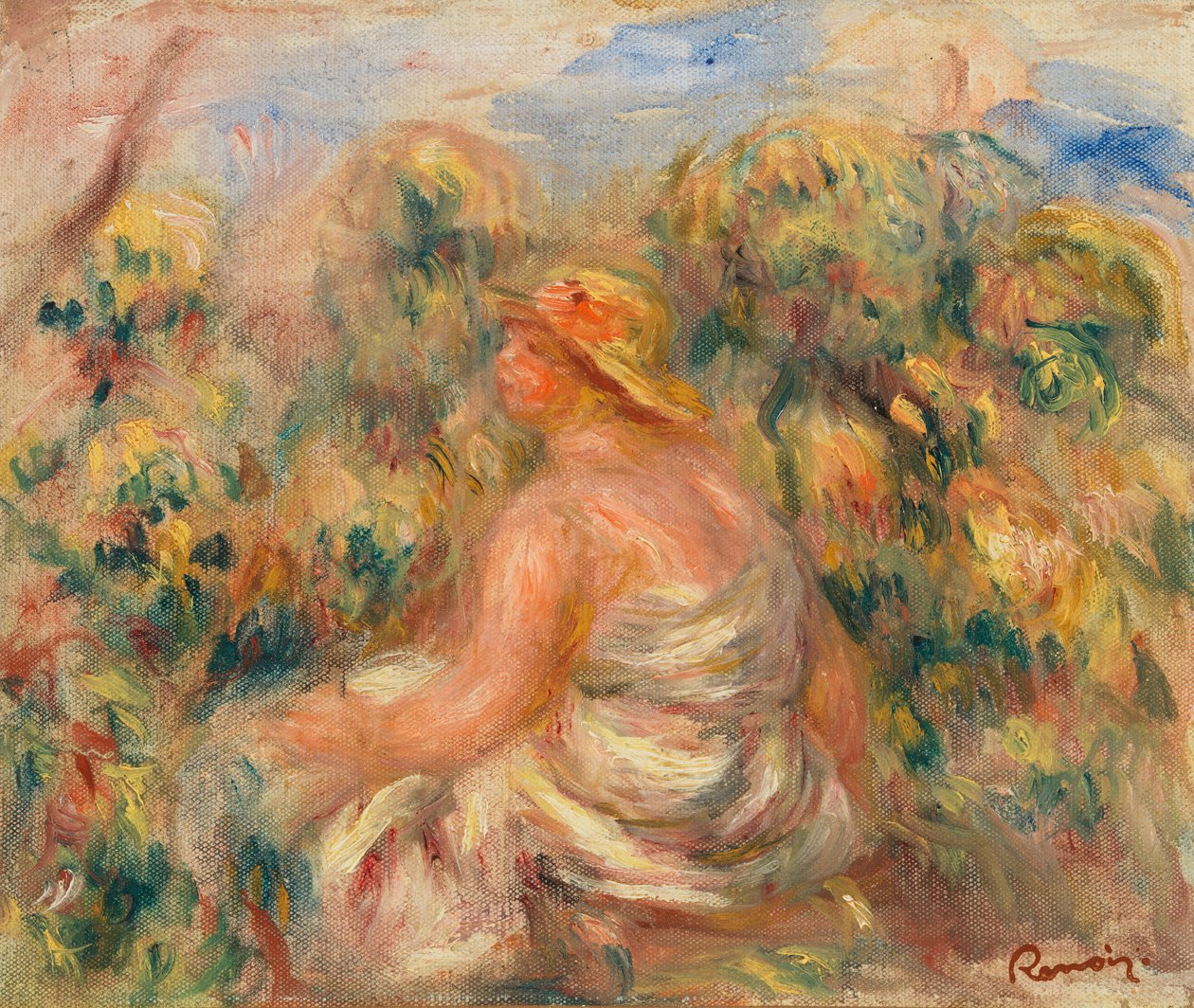 Nő kalapban a tájon alkotó: Pierre-Auguste Renoir