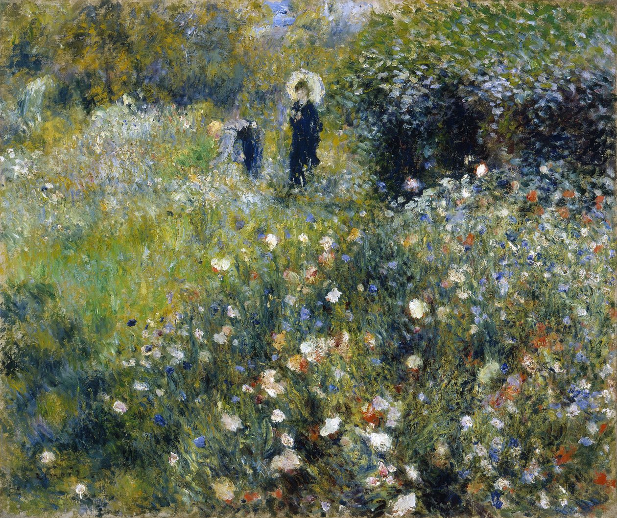 Nő napernyővel egy kertben alkotó: Pierre-Auguste Renoir
