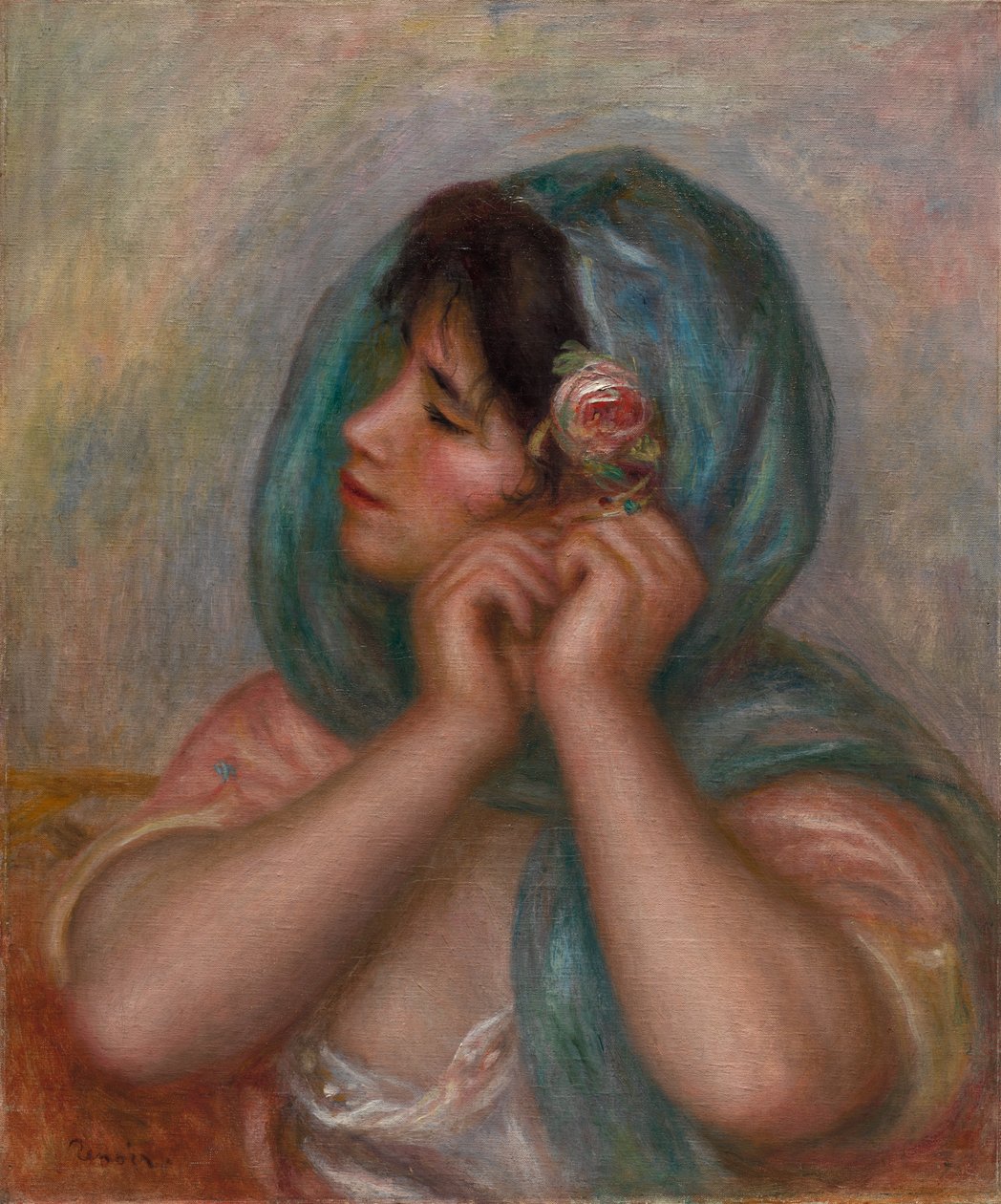 Fiatal nő intézi a fülbevalóját alkotó: Pierre-Auguste Renoir