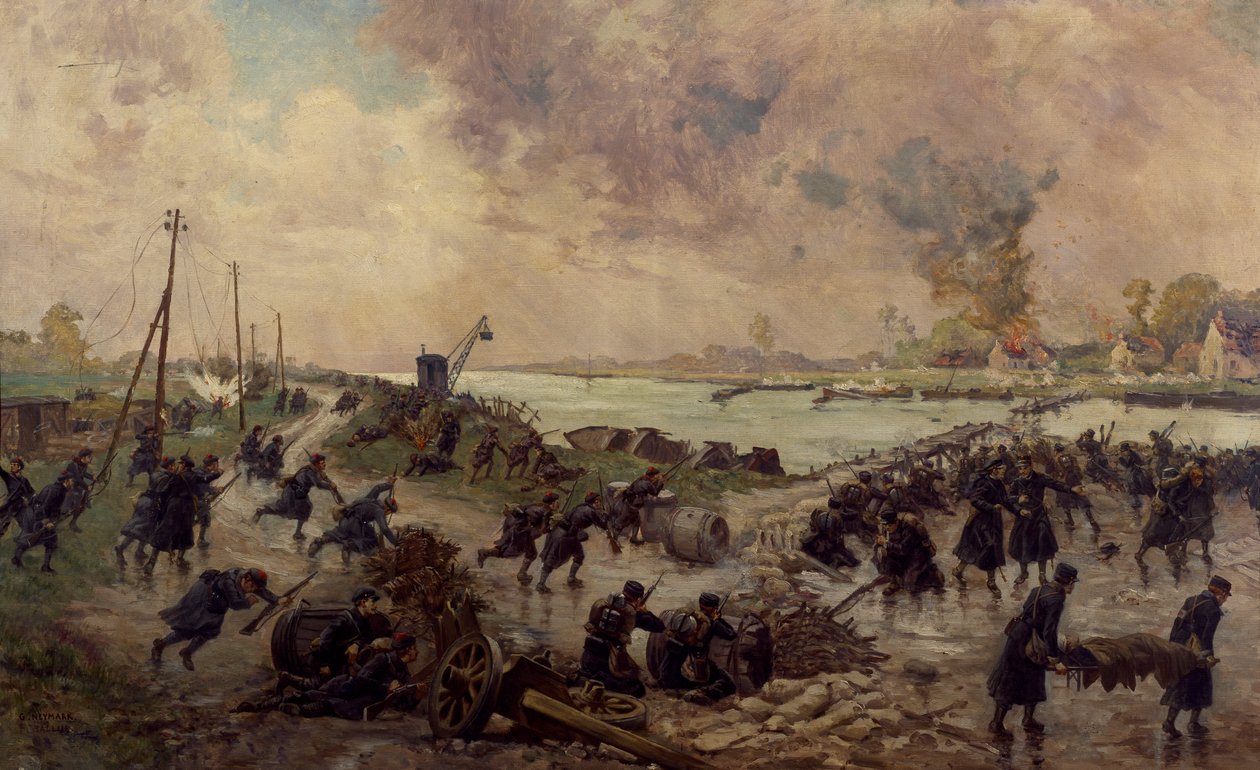 Belga csapatok harcban Ysernél, 1914. október, I. világháború, Belgium, XX. század alkotó: Pierre Ernest and Neymark Gustave Ballue