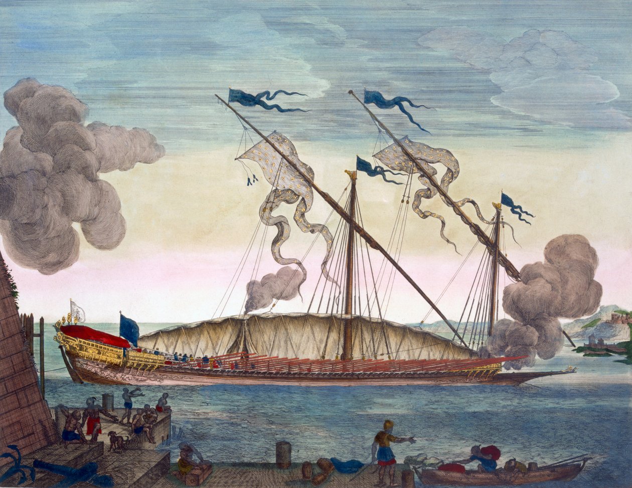 Királyi gálya (spanyol vagy portugál), amelyet rabszolgák eveznek, és jelet adnak ki, a „Le Neptune Francois”-ból, 1693-1700 körül (kézzel színezett metszet) alkotó: Pierre (1661 1711) Mortier