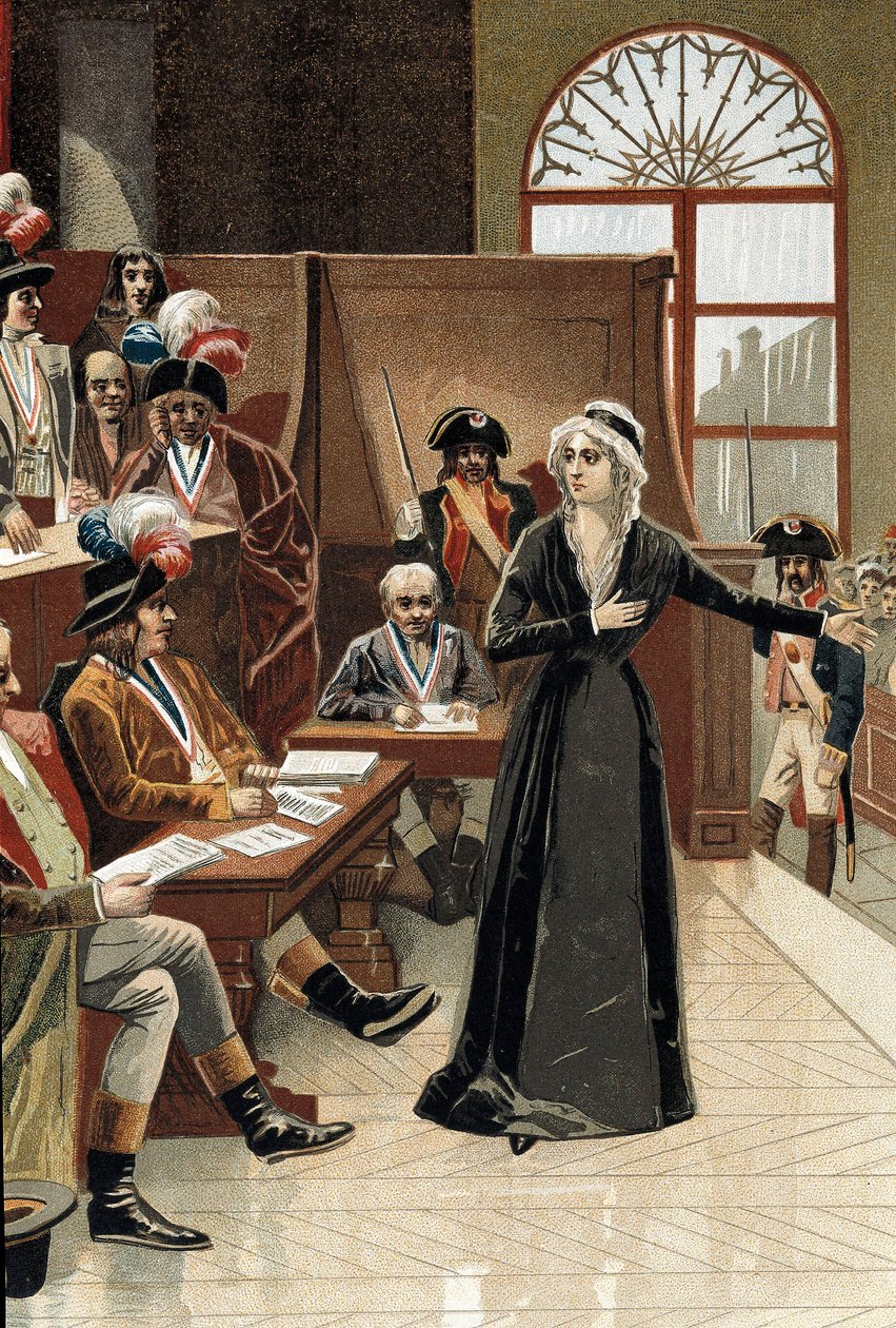 Francia forradalom: Marie Antoinette francia királynő a bíró előtt 1793. október 14-én a tárgyalás során (rajz), alkotó: Pierre (after) Bouillon