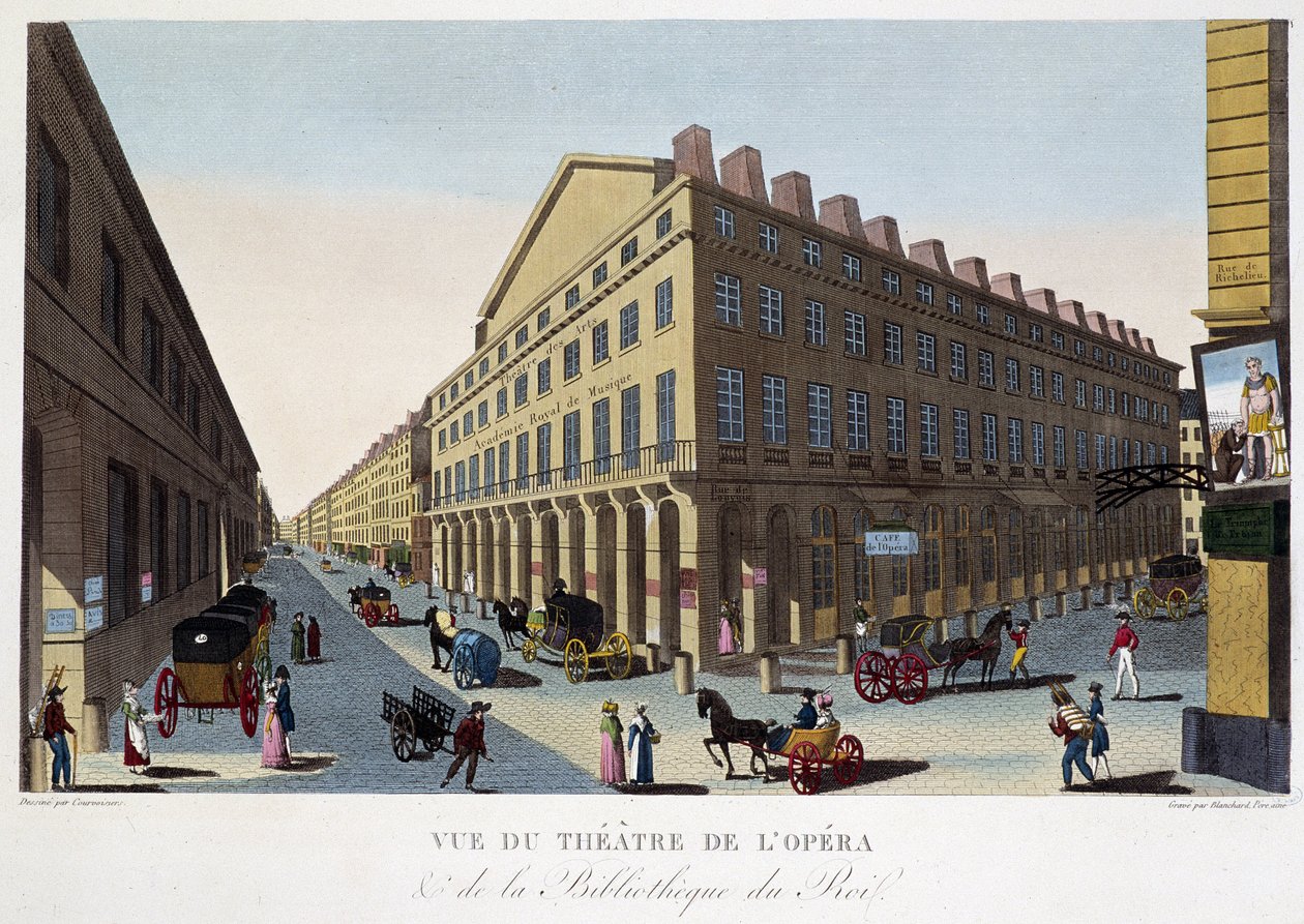 Kilátás az Opera színházára (Comédie Française) és a király könyvtárára – Courvoisier „” Vues de Paris” című filmjében alkotó: Pierre (after) Courvoisier