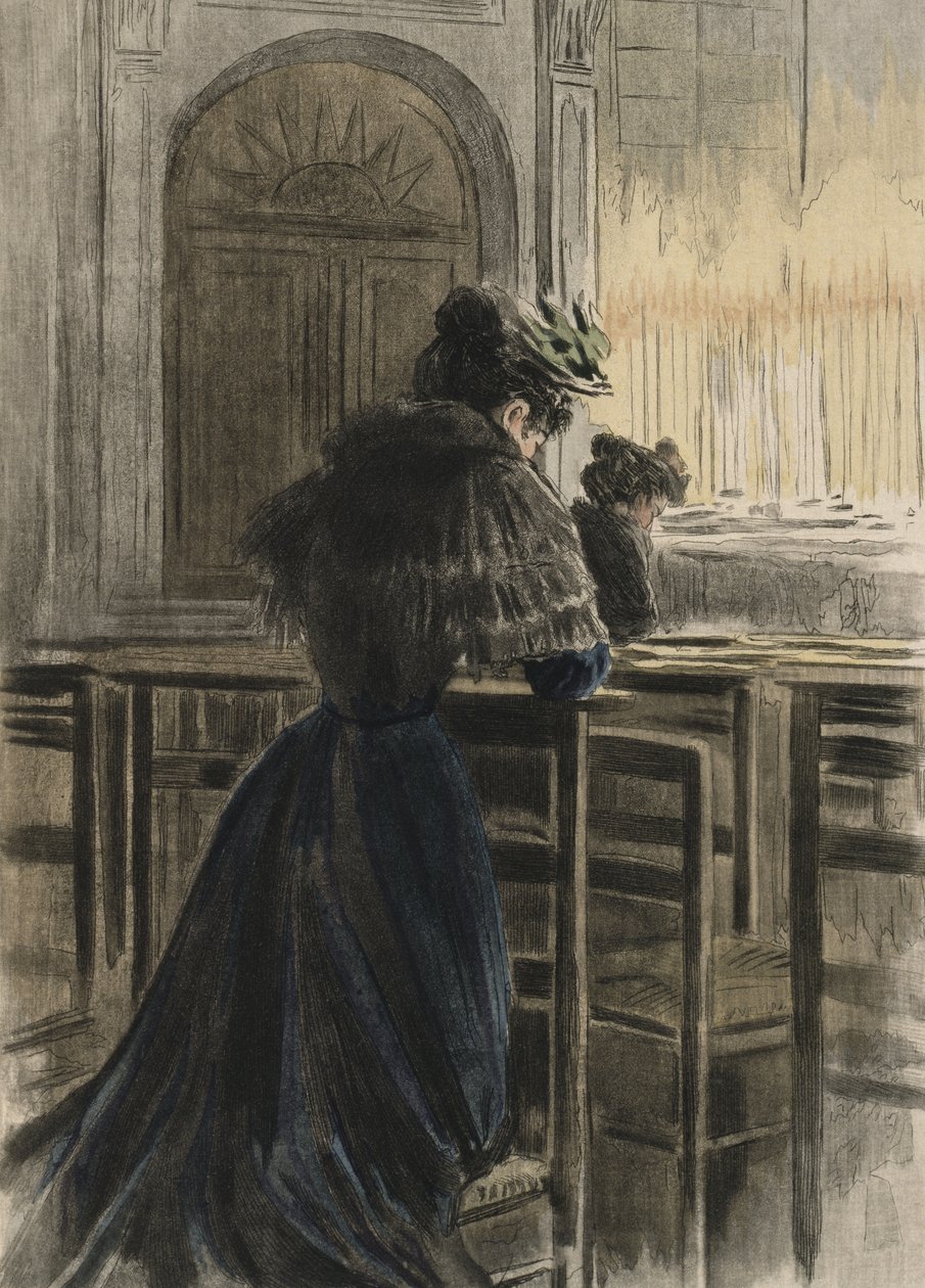 Áhítatok a templomban, illusztráció Octave Uzanne (1851-1931) „La Femme a Paris” című művéből, 1894 (színes metszet) alkotó: Pierre (after) Vidal