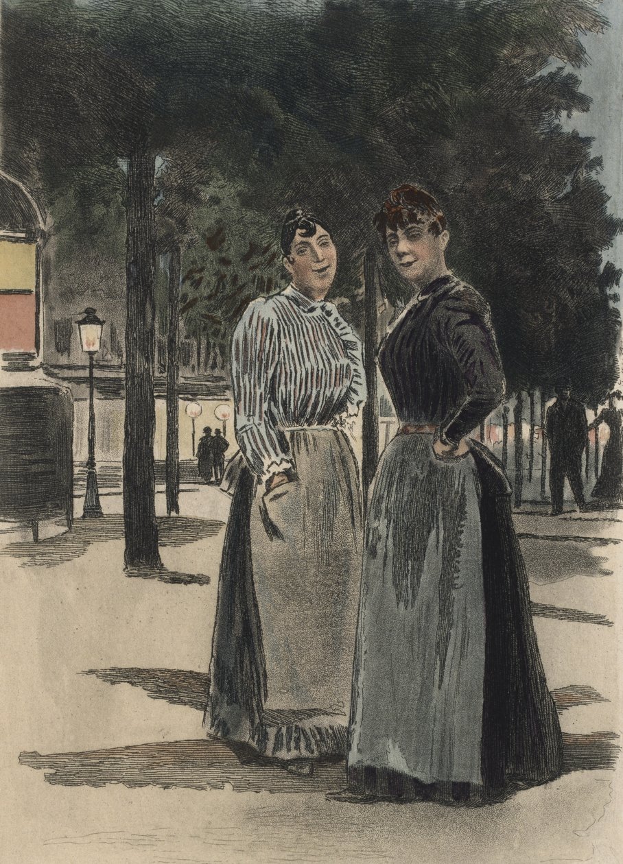 Két hétköznapi nő a körúton, illusztrációja Octave Uzanne (1851-1931) „La Femme a Paris” című művéből, 1894 (színes metszet) alkotó: Pierre (after) Vidal